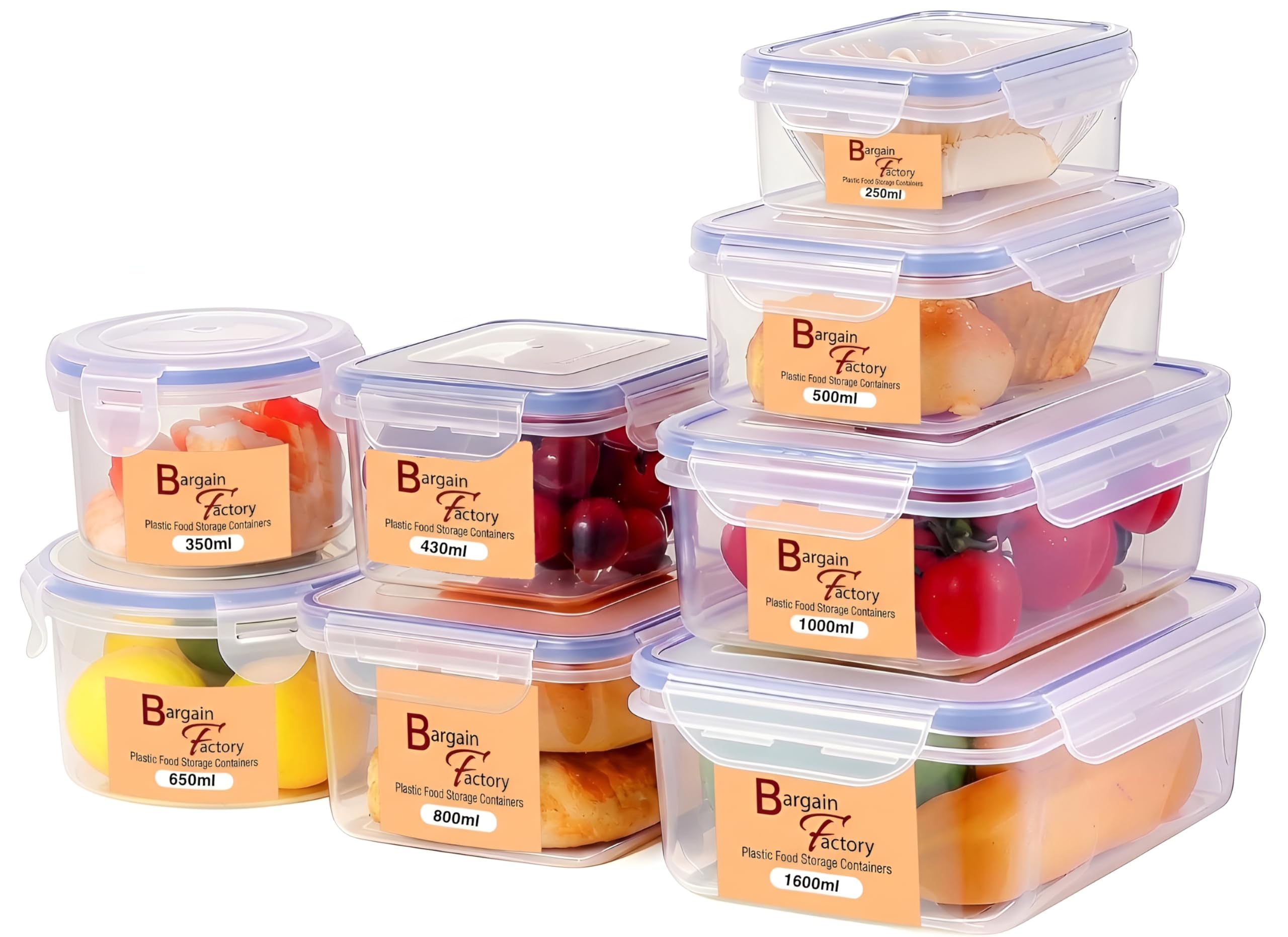 BARGAIN FACTORY Food Storage Containers 16PCS (8 Container + 8 Lids) Leak Proof Airtight Plastic Food Containers with Lids Pantry & Kitchen Containers, BPA Free Microwave & Freezer Safe, 250ML-1.6L