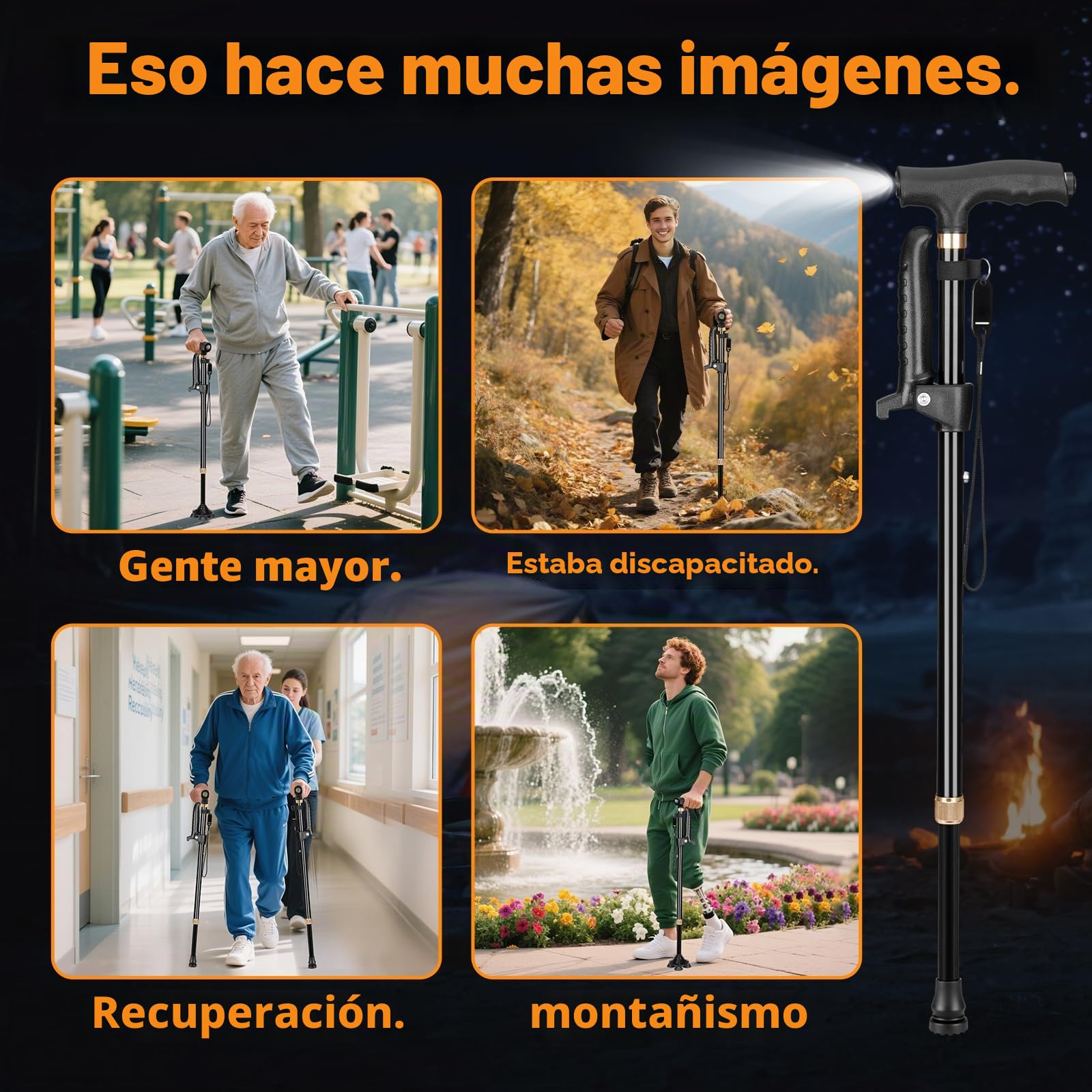 Bastón ajustable con doble asa, para hombres y mujeres mayores, con cuatro patas giratorias y base individual con tabla antiperdedores