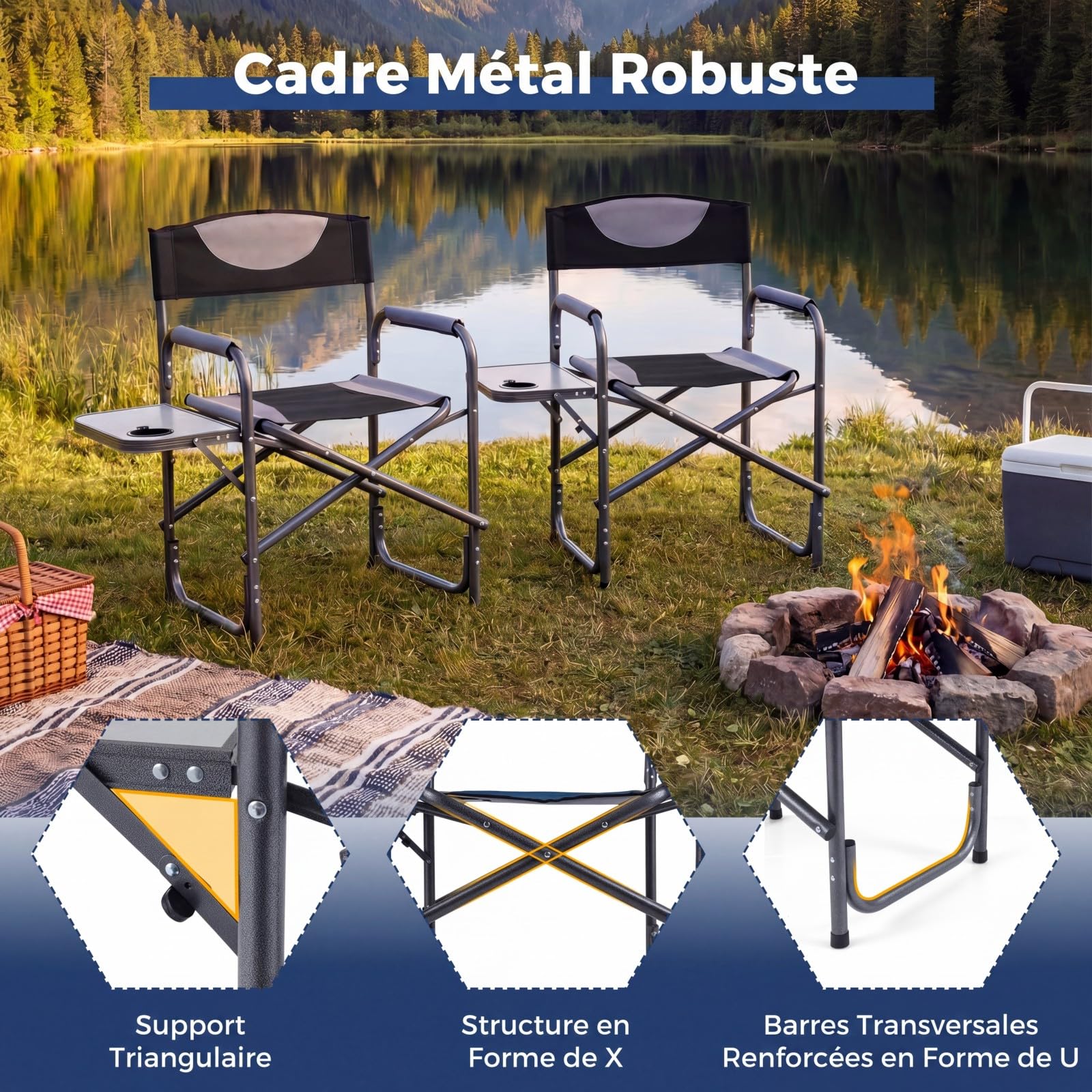 COSTWAY Chaise Pliante Camping, Chaise Extérieure avec Tablette Pliante, Charge 180 kg, Cadre en Métal, Tissu Oxford, Porte-gobelet, Fauteuil pour Pêche Plage Camping, 82 x 46 x 88 cm (Noir)