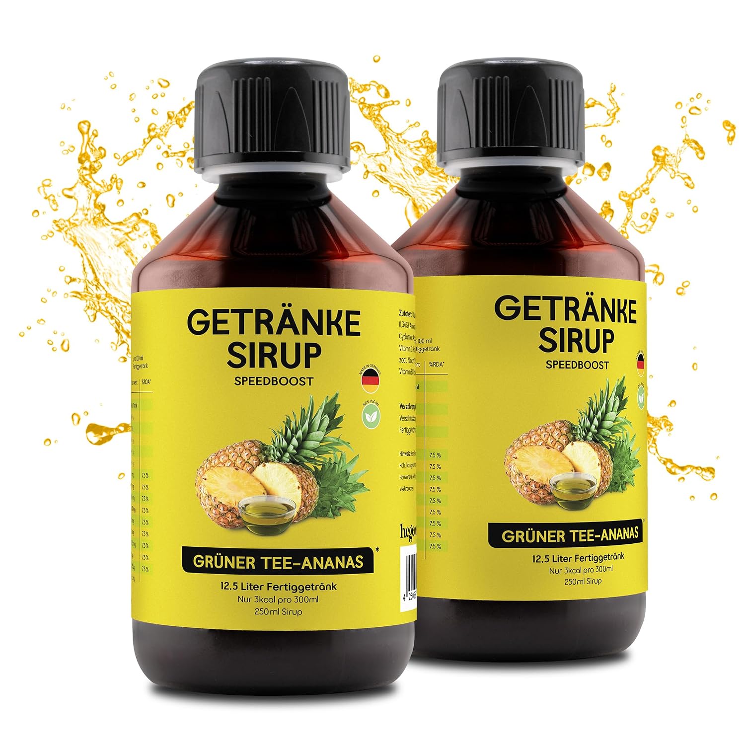 hCGC SpeedBoost Drink Syrup Green Tea Pineapple - Sugar Free Syrup for 12.5 L Ready Drink - Functional Immune Booster with Vitamins & L-Carnitine - Vegan & Low Calorie Drink Concentrate - 2 x 250 ml