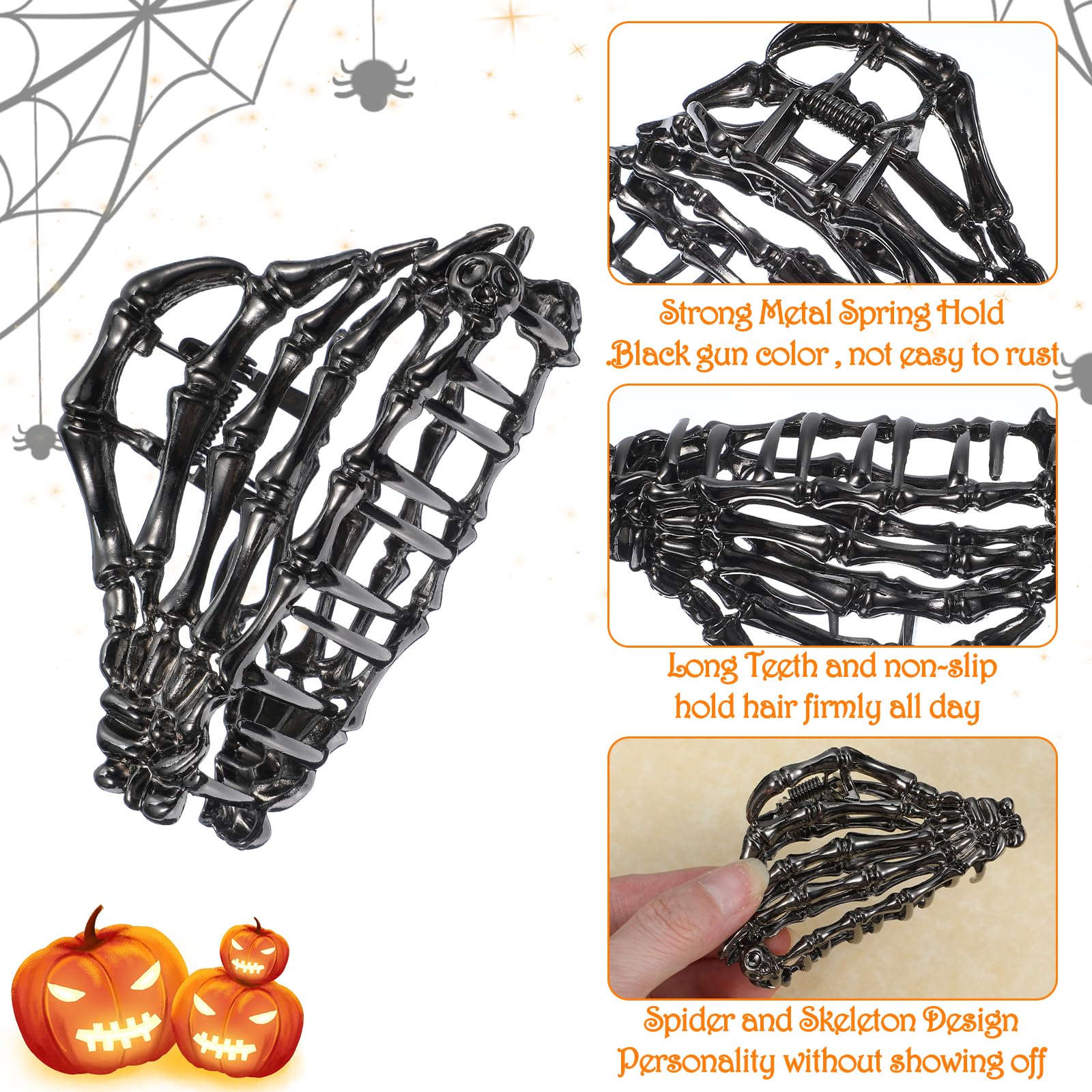 3 Pcs Metal Hair Claw for Women Girls Spider Net Bat Hand Claw Clip Non-Slip Skull Spooky Styling Barrette Clips Y2K Punk Goth Hair Accessories for Halloween Christmas Party - Image 2