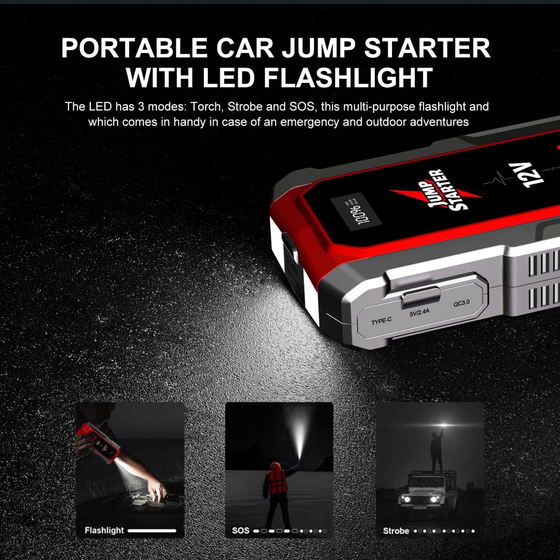 ELTPOWER Avviatore di Emergenza per Auto 4000A UltraSafe Avviatore di Emergenza Pacco Batteria 12V Caricabatterie per Auto Portatile Jump Box con Torcia 3 Modalità Cavi Jumper USB Power Bank Doppia