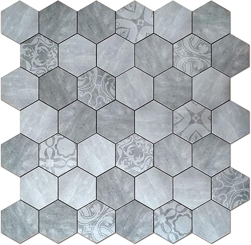 Kieacia Azulejo de mosaico hexagonal autoadhesivo de PVC de 10 hojas con patrón floral gris plateado para cocina, baño, tocador, mantel de mesa