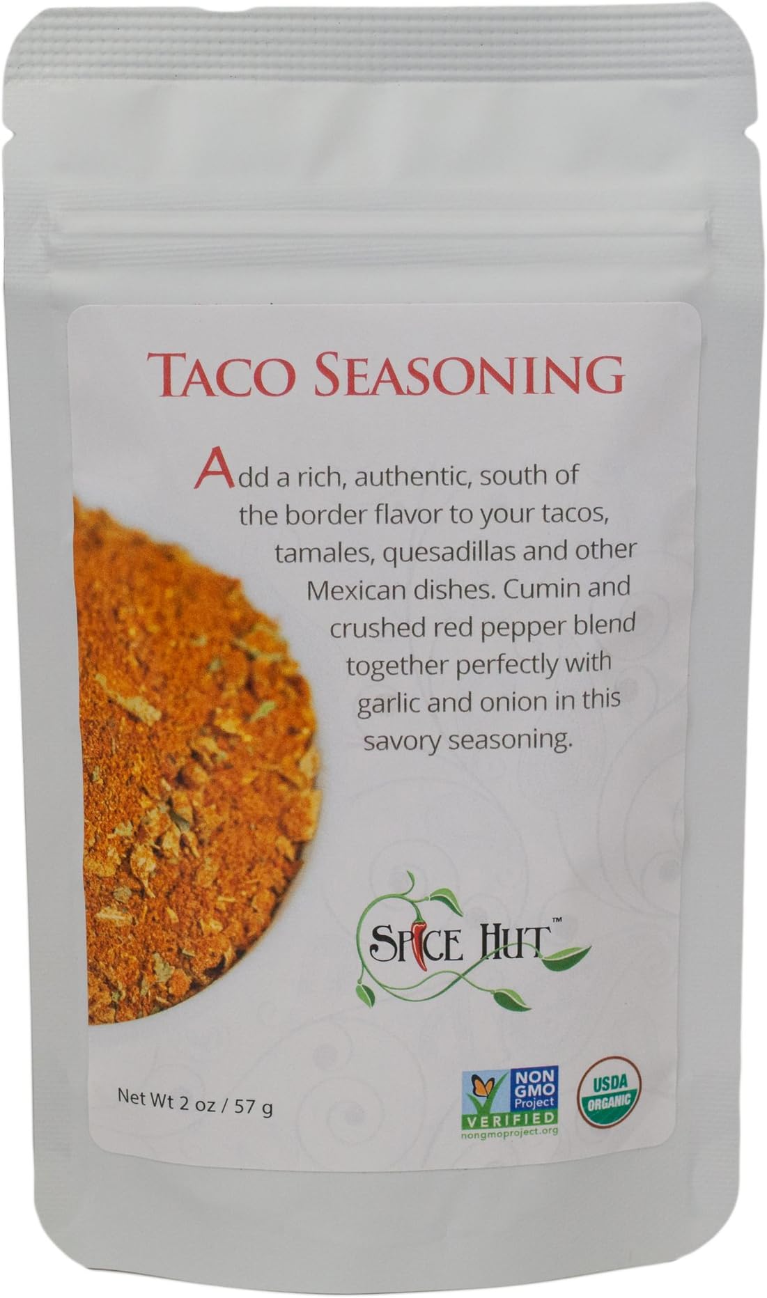 Organic Taco Seasoning Mix by Spice Hut, Salt-Free, Authentic Southwestern Seasoning for Cooking Flavorful Carne Asada, Beef, Carnitas, Tacos, Burrito / Especias Orgánicas Para Tacos / All-Natural, Kosher, Vegan, Gluten Free, Keto -No MSG- 2oz Pack
