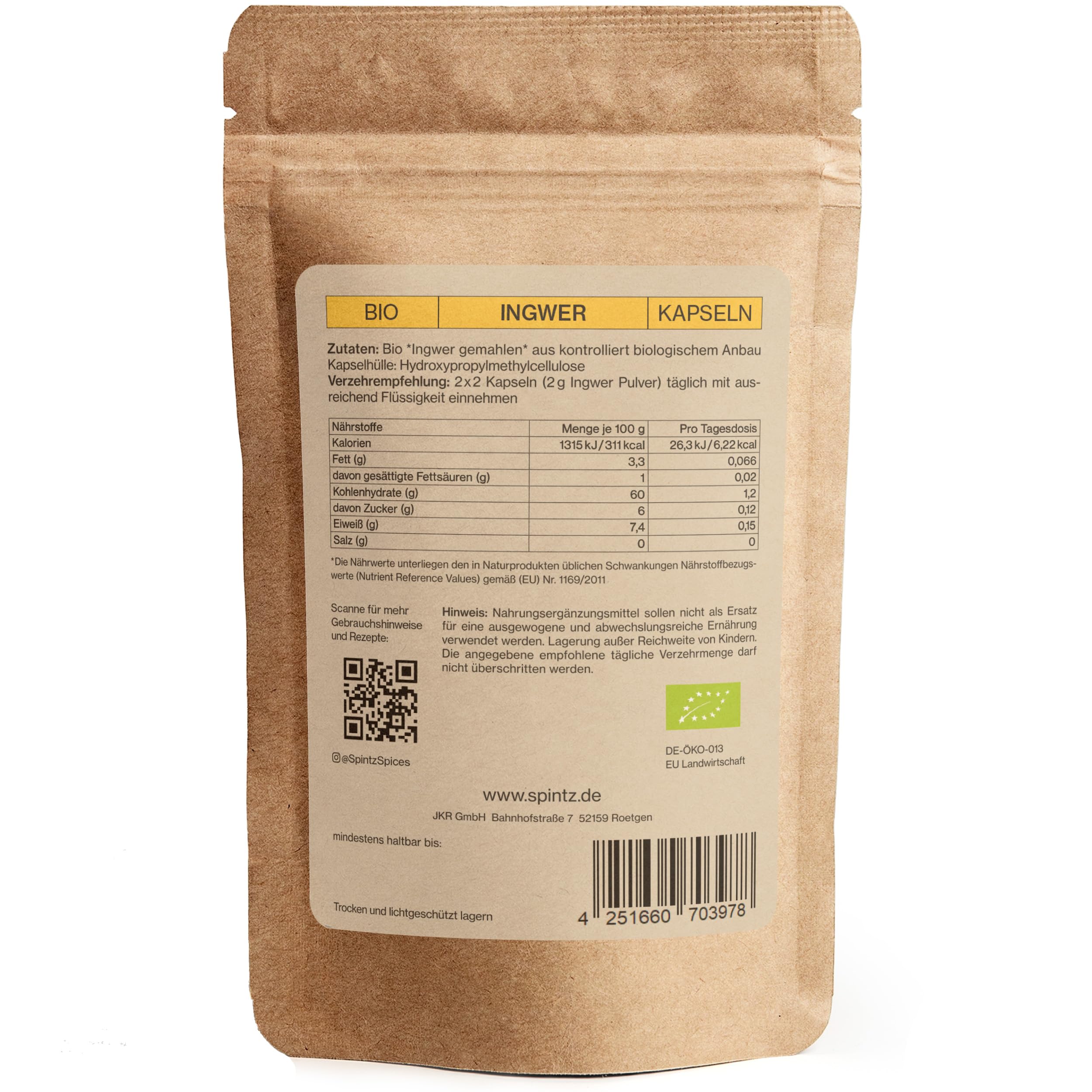 SPINTZ® 420 Stk. Bio Ingwer Kapseln - vegane Ingwer Kapseln hochdosiert - 2000 mg Ingwer Pulver Bio je Tagesdosis - Ingwerwurzel gemahlen | plastikfrei und nachhaltig verpackt