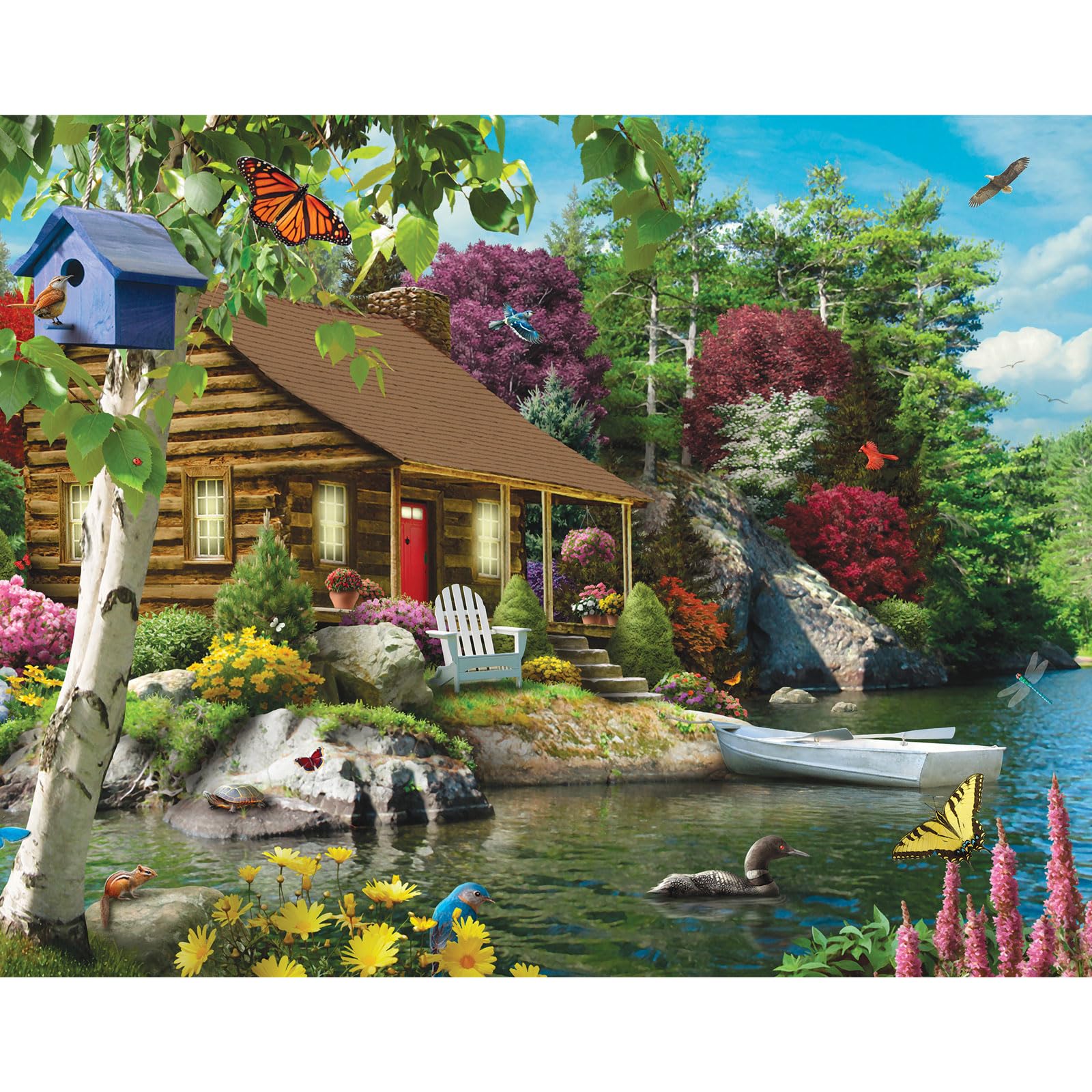 Bits and Pieces - 200 Piece Jigsaw Puzzle for Seniors - 15" x 19" - Cabin on The Lake - 200 pc Large Lettered Pieces Colorful Scenic Jigsaw