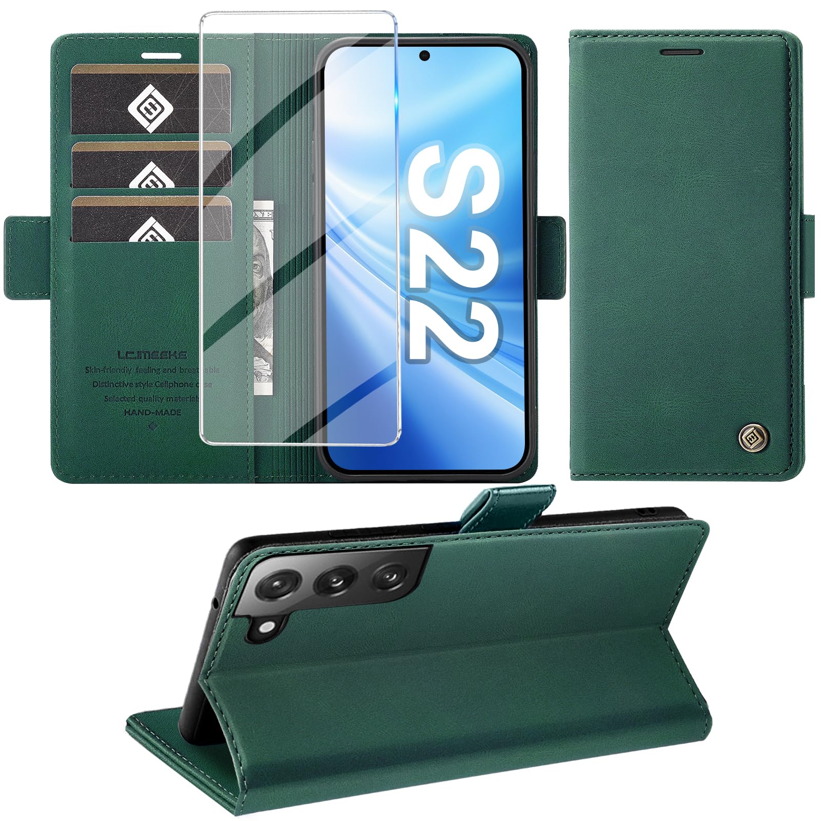 Giyer Handyhülle für Samsung Galaxy S22 5G Hülle mit Schutzfolie, Standfunktion Kartenfach Wallet Premium Leder Schutzhülle Flip Case Cover Stoßfeste Klapphülle für Samsung S22 5G 6,1 Zoll