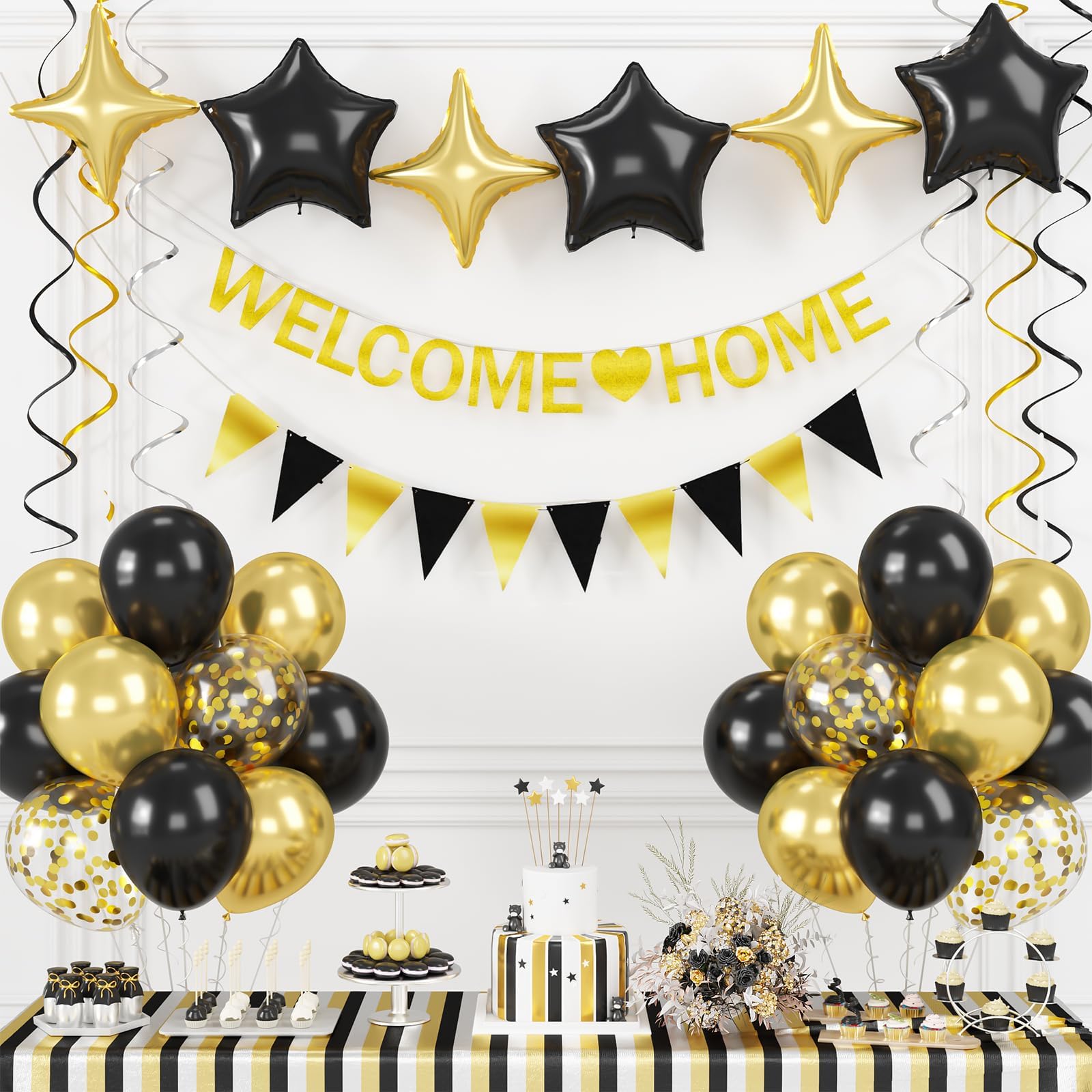 Photo 1 of Welcome Home Banner for Men Women, Black Gold Welcome Home Decorations with Triangle Garland Glitter Hanging Swirl Streamers for Military Army Homecoming Decor Supplies