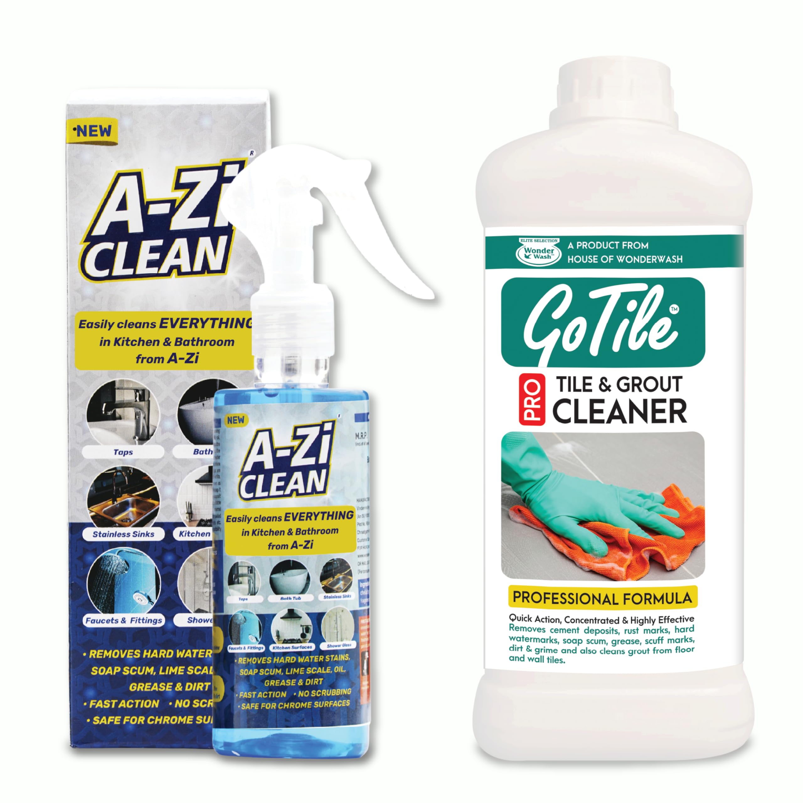 Bathroom Deep Cleaning Combo | A-Zi Clean 200 ML & GOTILE PRO Tile Cleaner 1L Concentrated | Removes Hardwater Marks, Limescale, Soap Scum and Oil Stains for Faucet, Basins, Quick action