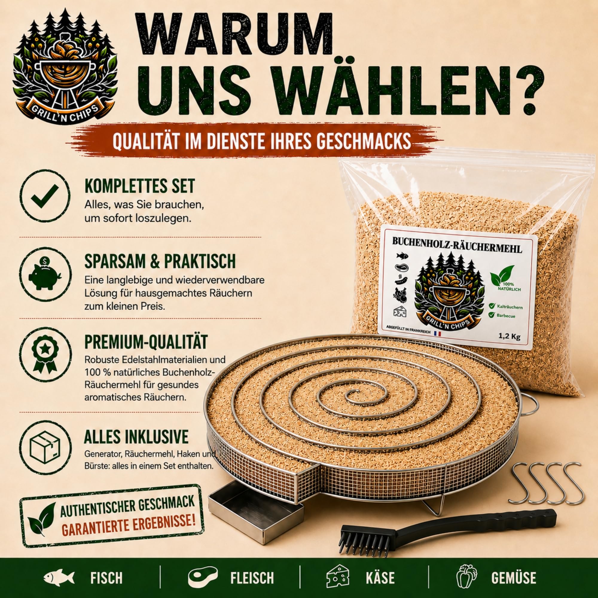 Grill'n Chips® Sparbrand XXL Kaltrauchgenerator (30 cm)/Räucherschnecke für Räucherofen + 1,2 kg Räuchermehl Buche + 4 Fleischhaken & Bürste – zum Kalträuchern – inkl. PDF-Ratgeber (Gratis)