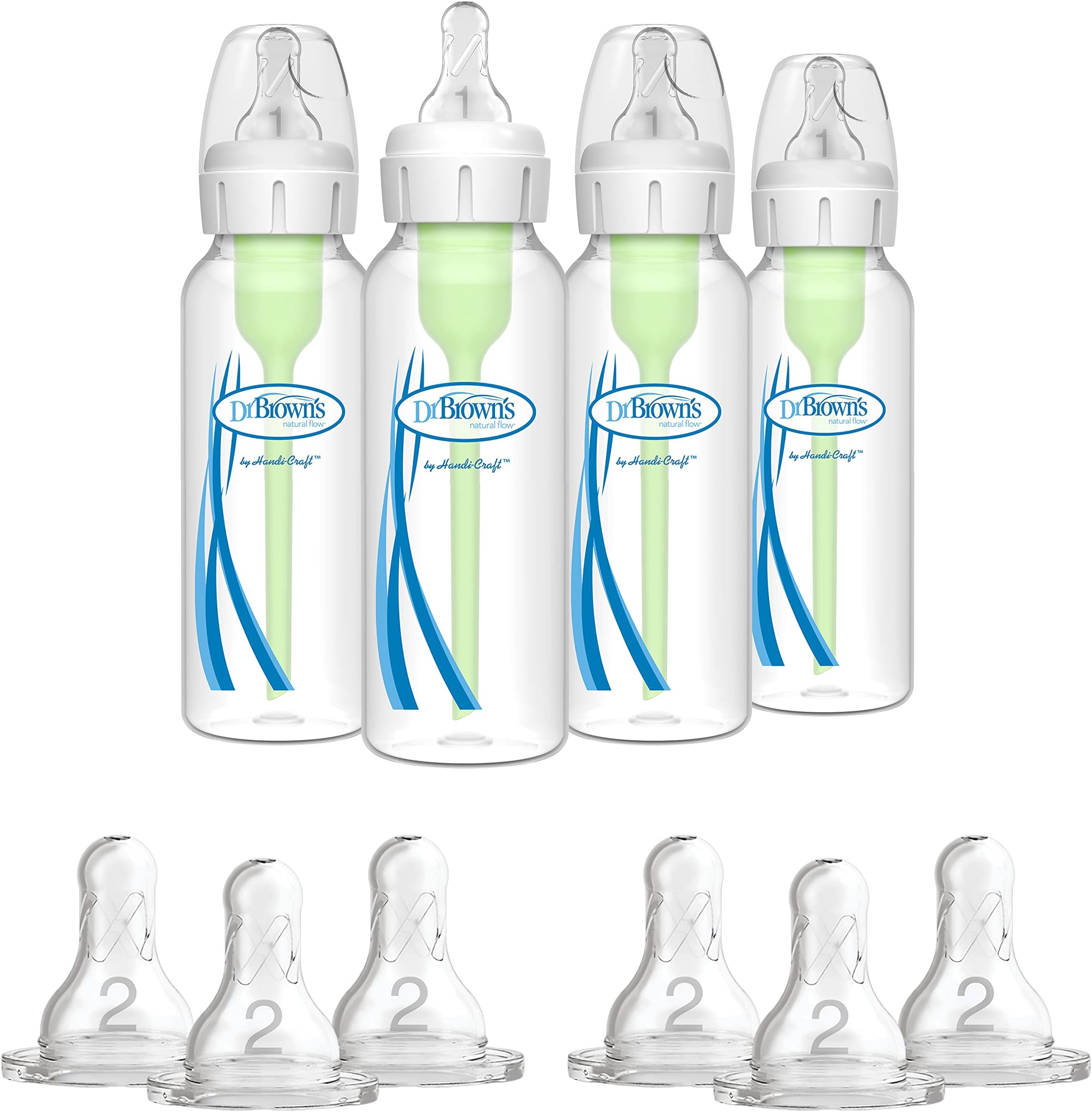 Options+ Anti-Colic Baby Bottle - 8oz - 4 Pack and Dr. Brown's Original Nipple, Level 2 (3m+), 6 Count