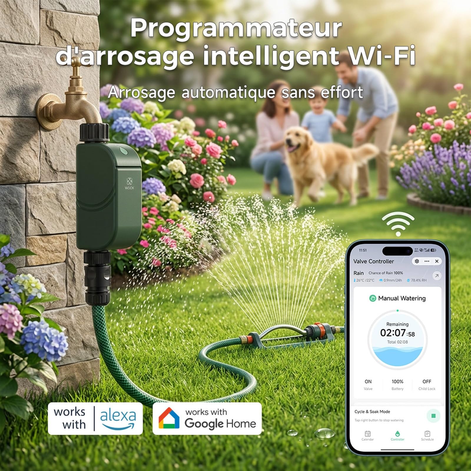 WOOX Programmateur d'arrosage WiFi Intelligent, sans Hub Requis | 8 programmes d'arrosage, Wi-Fi 2,4 GHz, commande via APP, Alexa/Google, IP65, report en cas de pluie, arrosage manuel