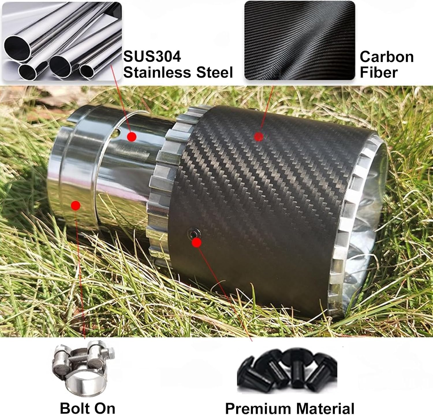 Vechkom Exhaust Tip 2.5" Inlet 3.5" Outlet 6.7" Overall Length Stainless Steel Carbon Fiber Bolt On Straight Black Silver Exhaust Tailpipe Protect