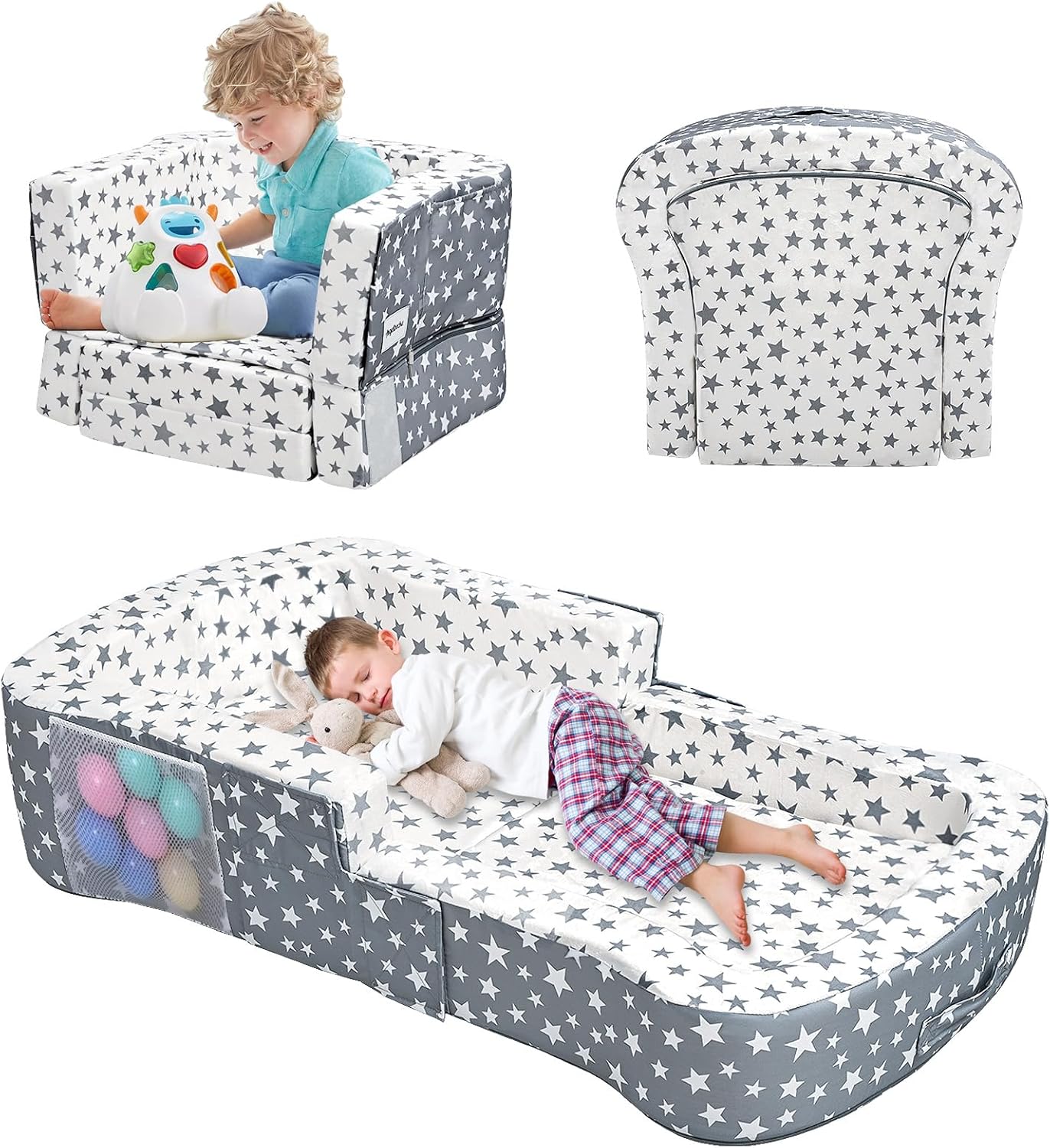 Toddler Travel Bed, Portable Toddler Bed & Chair 2-in-1 – Convertible Travel Crib with Storage Pockets, Built-waterproof Oxford Cloth, Easy,Washable Covers,Soft Dutch Velvet (Stars Pattern)