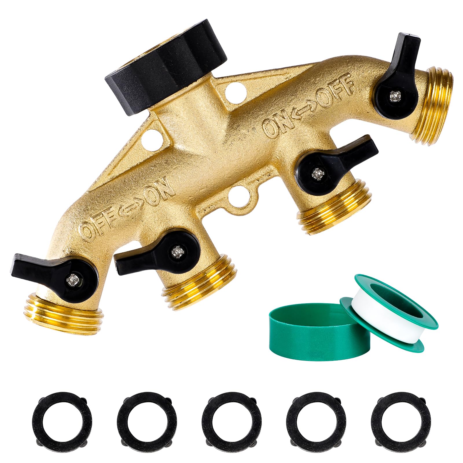 Dalmbox Garden Hose Splitter 4 Way, Water Hose Splitter, 3/4" Heavy-Duty Brass Garden Hose Splitter, Includes 5 Rubber Washers & Teflon Tape(1 pack)