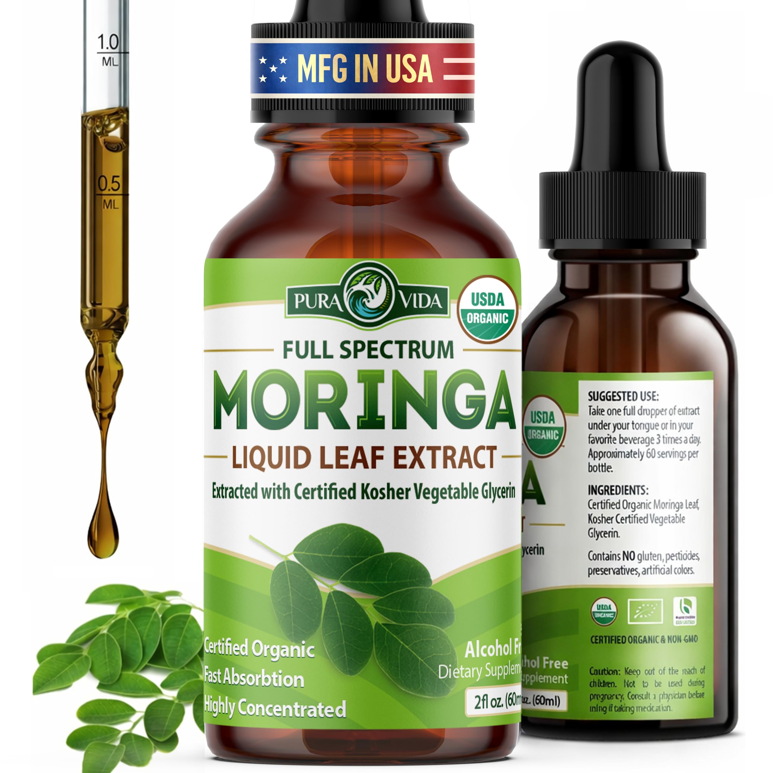 - PURA VIDA MORINGA Leaf Extract Liquid Drops - USDA Organic Certified - Highly Purified, Bioavailable & Faster Absorption than Moringa Powder or Capsules - Single Origin Moringa Oleifera Leaves Extract