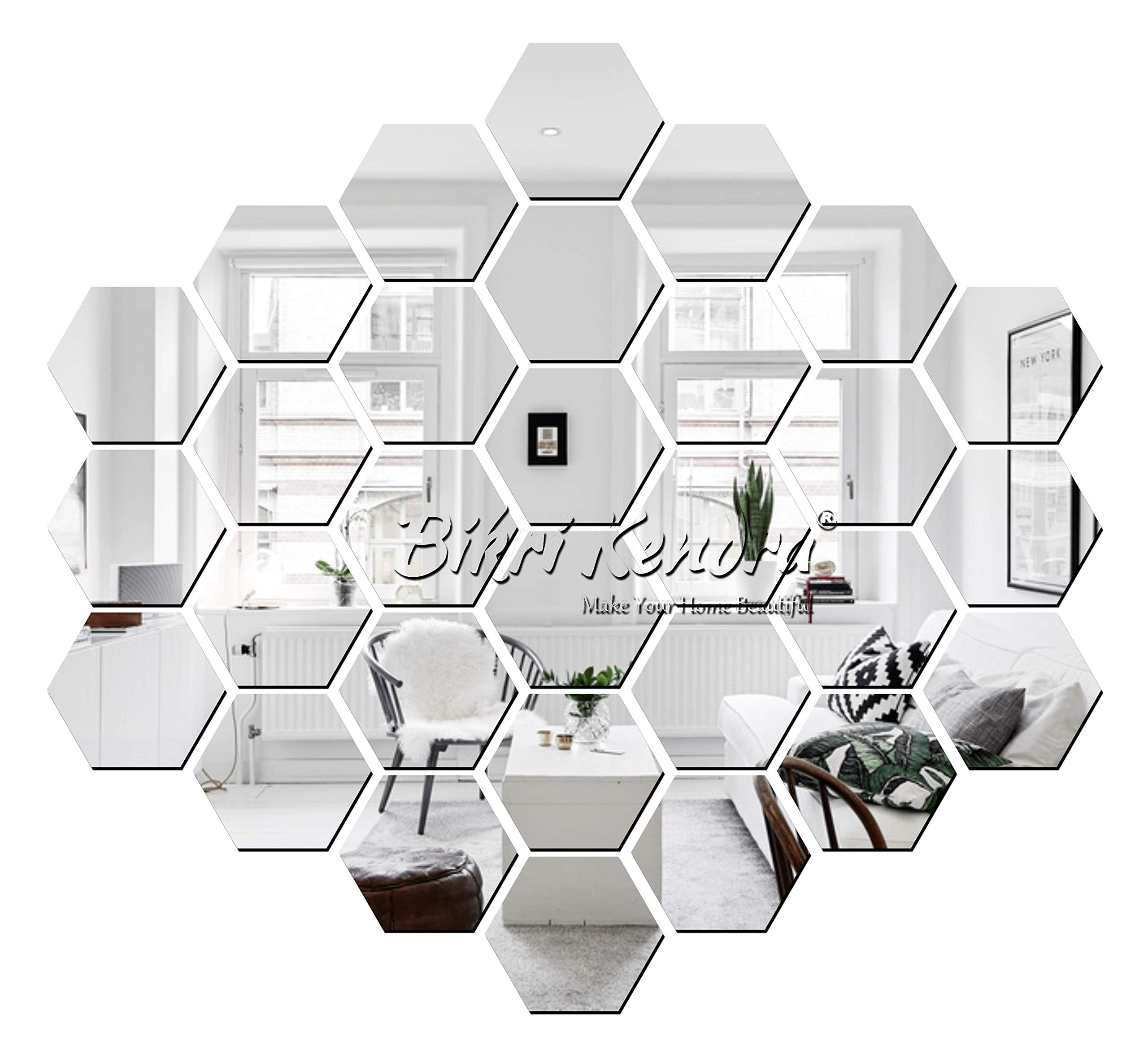 Bikri Kendra - Hexagon 30 Stickers for Wall, Acrylic Wall Decor, Hexagonal Mirror Sticker, Mirror Stickers, (Silver)