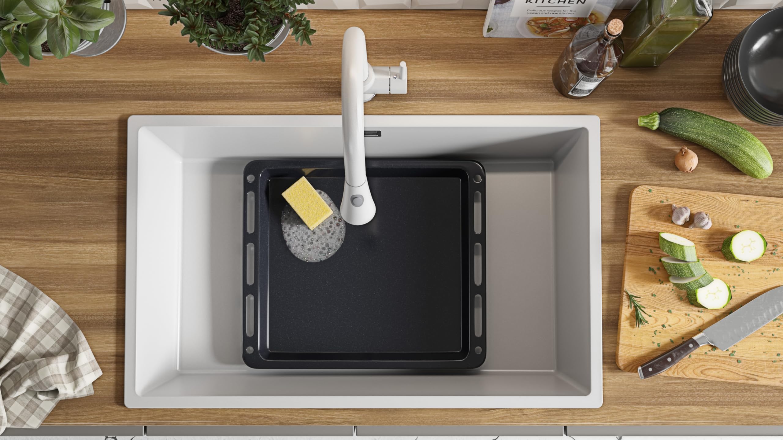 PRIMAGRAN Lavello da Cucina Bianco 76x47cm, Lavandino in Granito a 1 vasca + Sifone Classico, Lavabo da Cucina Incasso al Mobile 80cm - London Slim S478