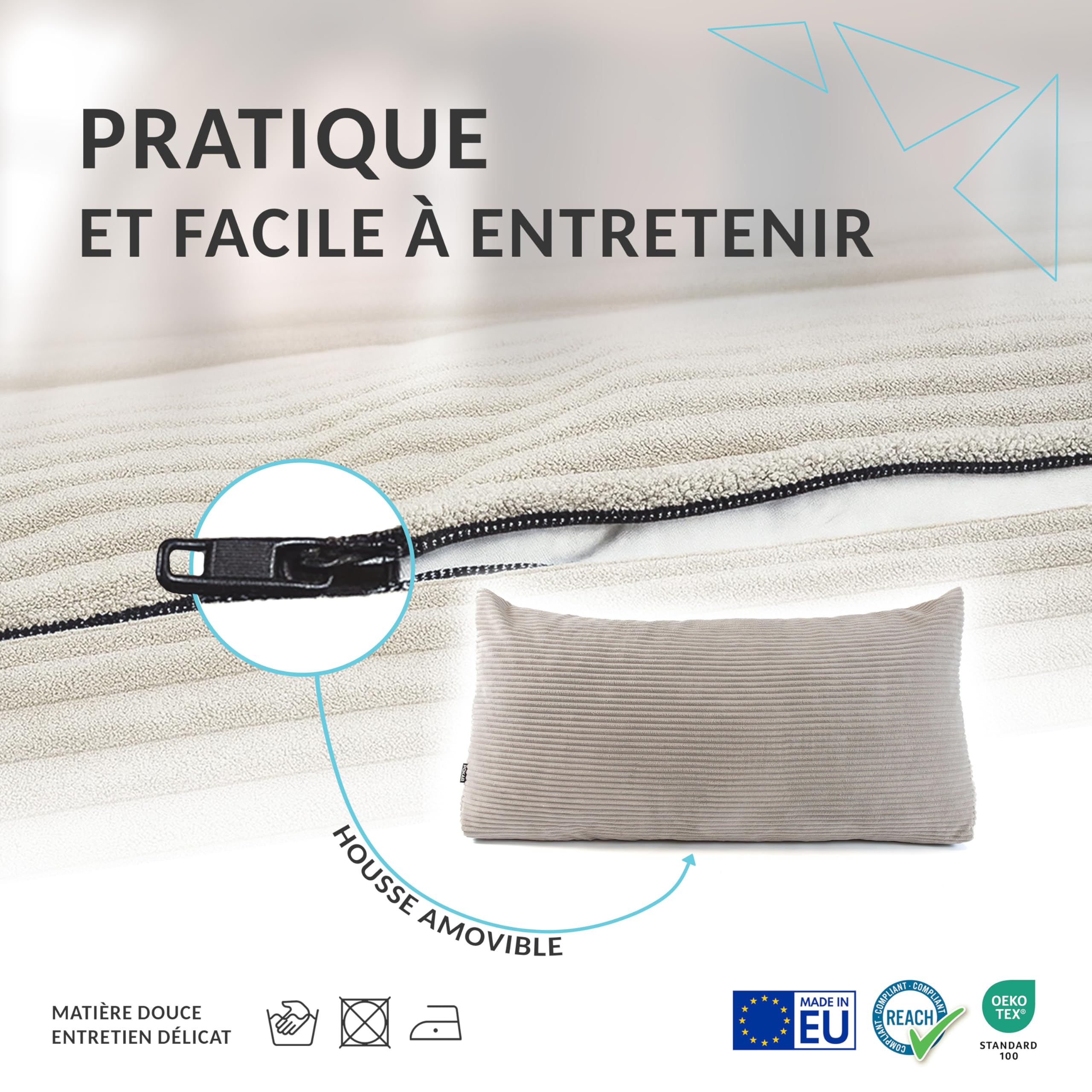 POKAR Coussin de Lecture 70x40x20 cm | Coussin Dossier Canapé en Velours Côtelé avec Poches Latérales | Grand Coussin de Dos pour Lit et Canapé | Certifié Oeko Tex | Beige