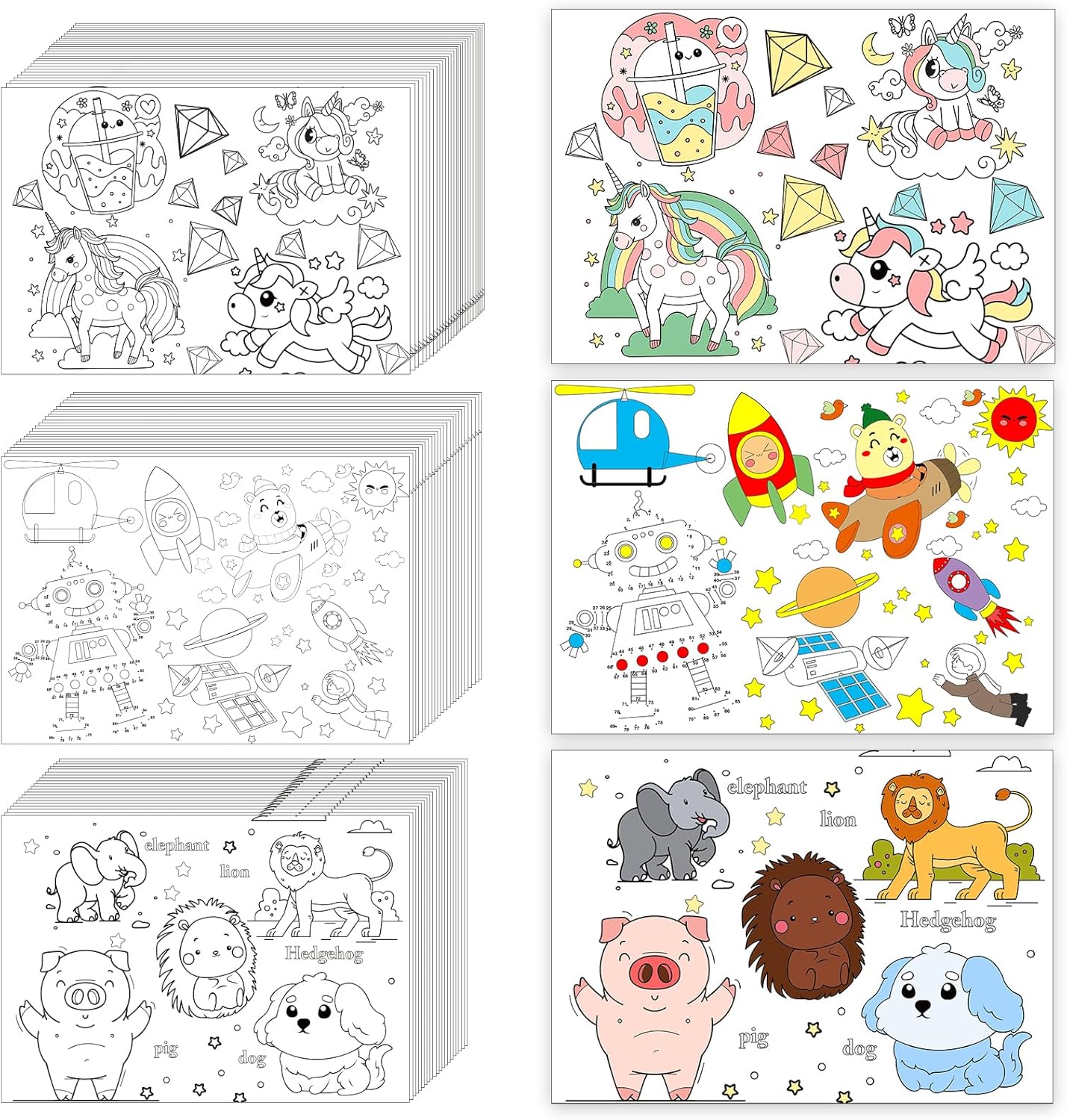 150 Pieces Disposable Paper Placemats Coloring Activity Sheets Paper Place Mats Bulk Dining Table Place Mats Set 14.5*10 Sublimation Placemat for Restaurant Christmas Party(Space Aminal Unicorn Theme）