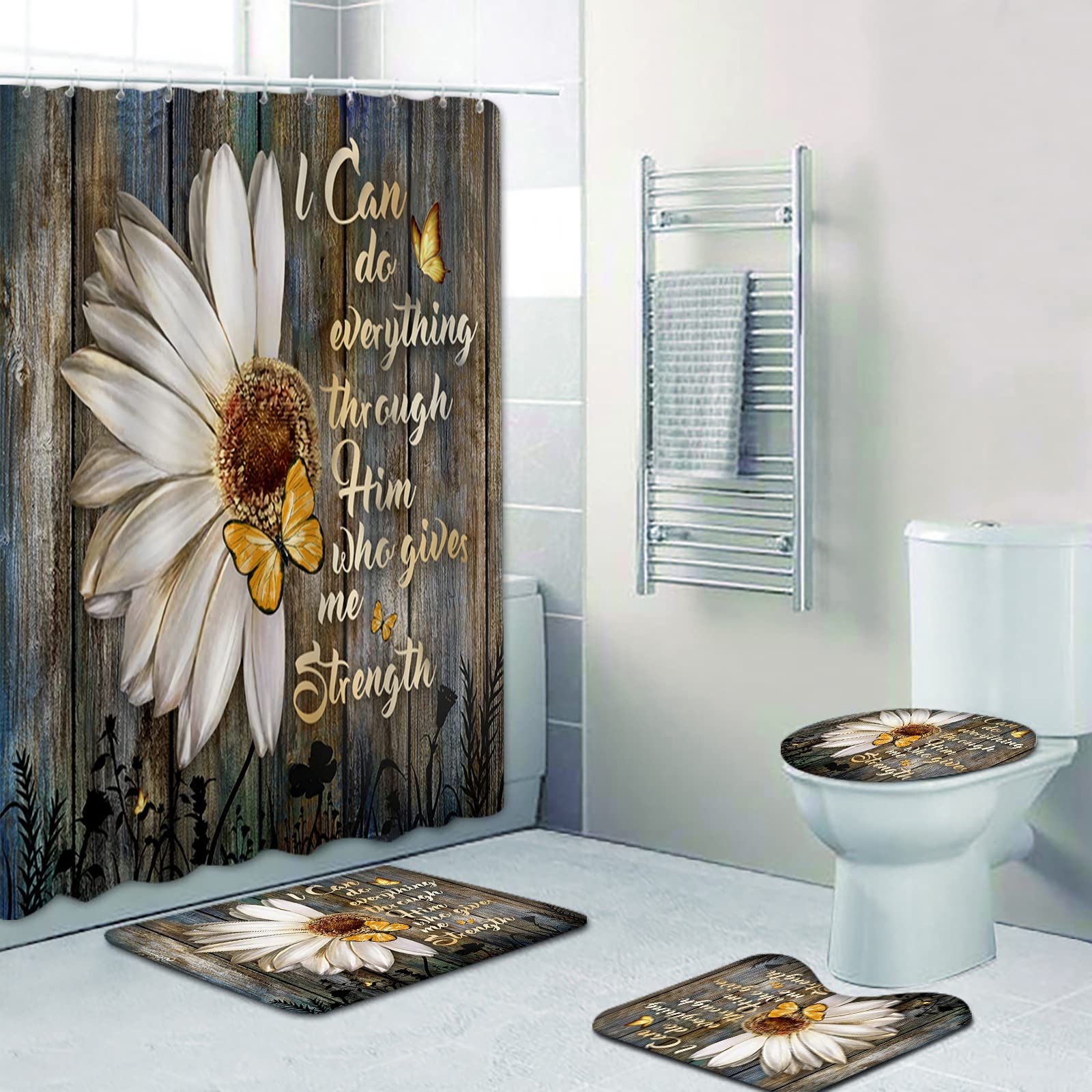 4 Piece Rustic Flower Shower Curtains Retro Bathroom Sets, Daisy Vintage Wooden Floral Waterproof Bath Decor with Soft Touch Rug U-Shape Mat Toilet Seat Pad Cover and Hooks (Brown)