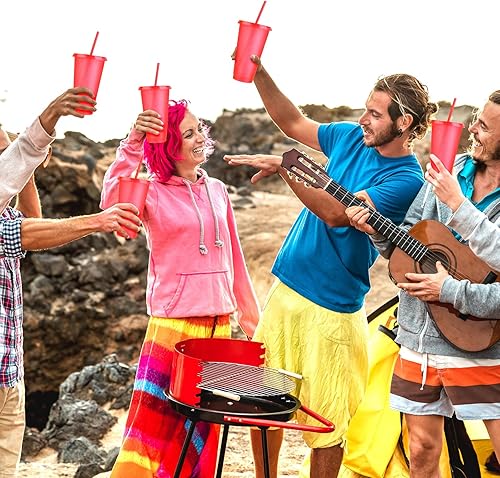 Vista 16 de Paquete de 24 vasos de plástico con tapas y popote, vasos reutilizables con tapas y pajillas, vasos coloridos para bebidas frías, café helado, vasos