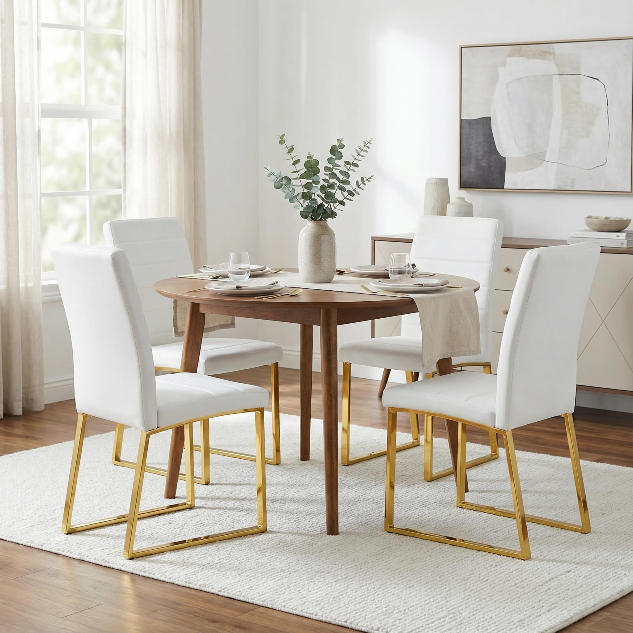 Hommoo Dining Chairs Set of 4, Faux Leather Upholstered Kitchen Chair, Padded Seat Armless Dining Room Chair with Gold Metal Leg, Modern Dinner Chairs for Restaurant Living Room White