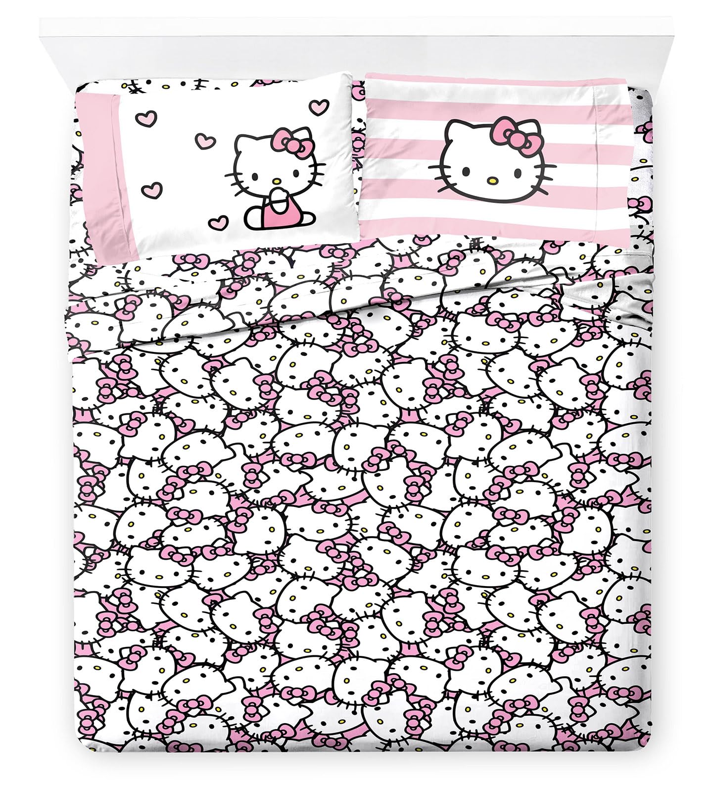 Jay Franco Hello Kitty Pink Stripes & Hearts Full Size Sheet Set - Super Soft 4 Piece Bedding Set - Microfiber Sheets Includes Reversible Pillow Covers