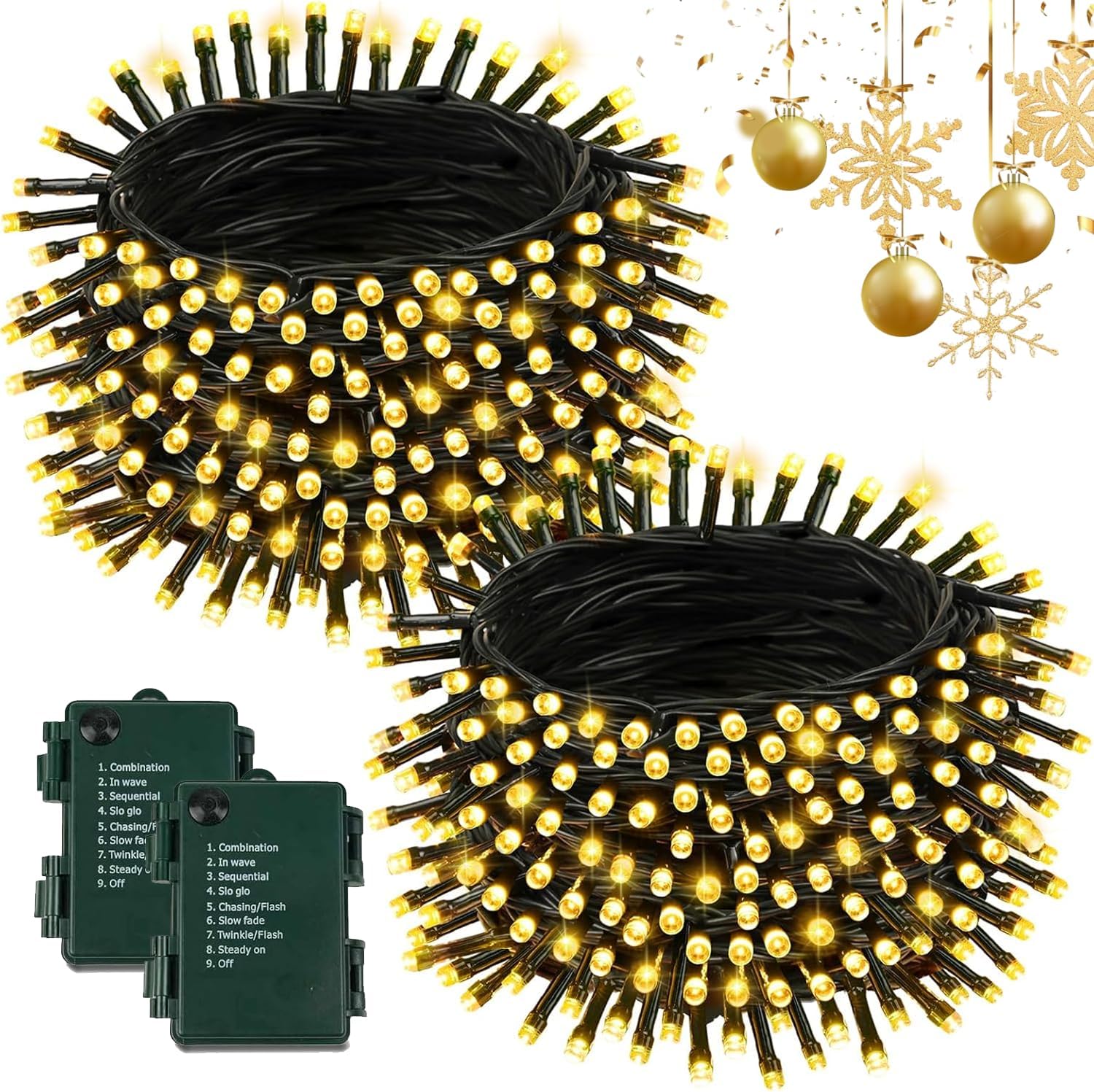 2PK 200 LED String Lights Battery Operated Green Wire, 66FT Waterproof Battery Twinkle Fairy Lights with Timer and 8 Modes for Indoor & Outdoor Party Bedroom Tree Christmas Decorations (Warm White)