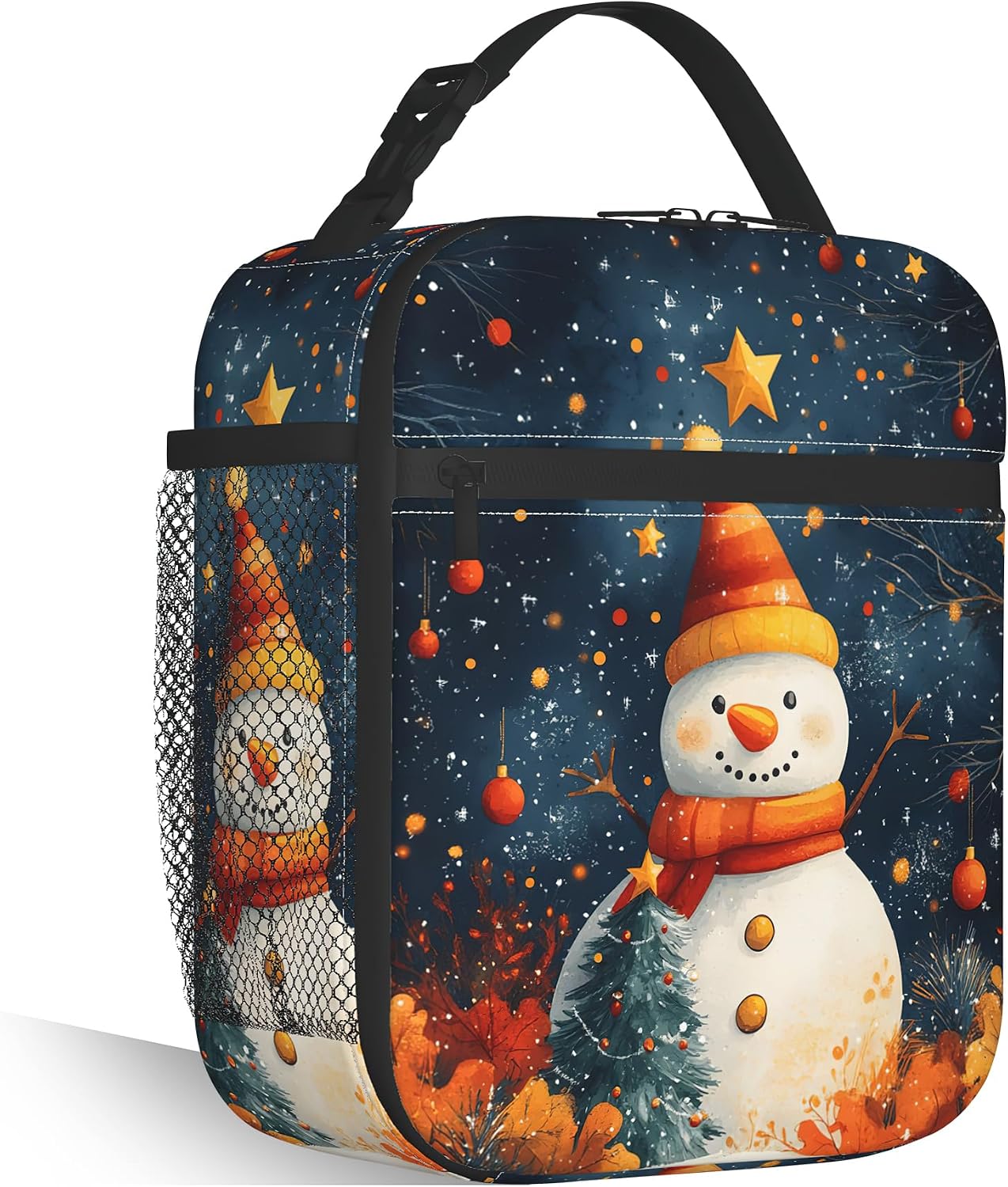 Insulated Christmas Snowman Lunch Bag, Reusable Cooler Tote with Handle