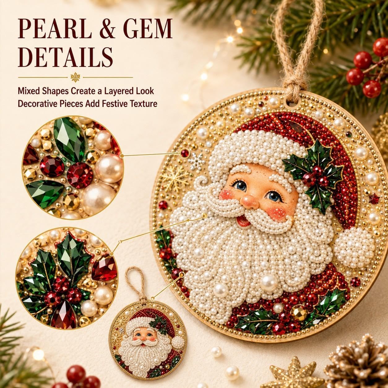 6PCS Christmas Ornaments Pearl Diamond Art Kit for Adults, DIY Hanging Christmas Ornaments with Pearls, Special-Shaped Gems & Jute Twine, Christmas Decor Craft
