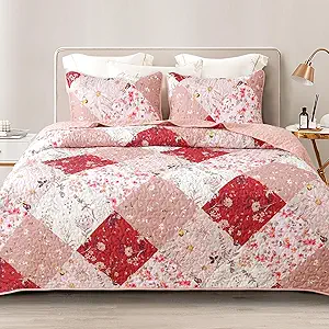 Whale Flotilla Reversible Patchwork Quilts Twin Size, Lightweight Boho Printed Bedspreads Coverlets Quilt Bedding Set with 1 Pillow Shams for All Seasons, Red