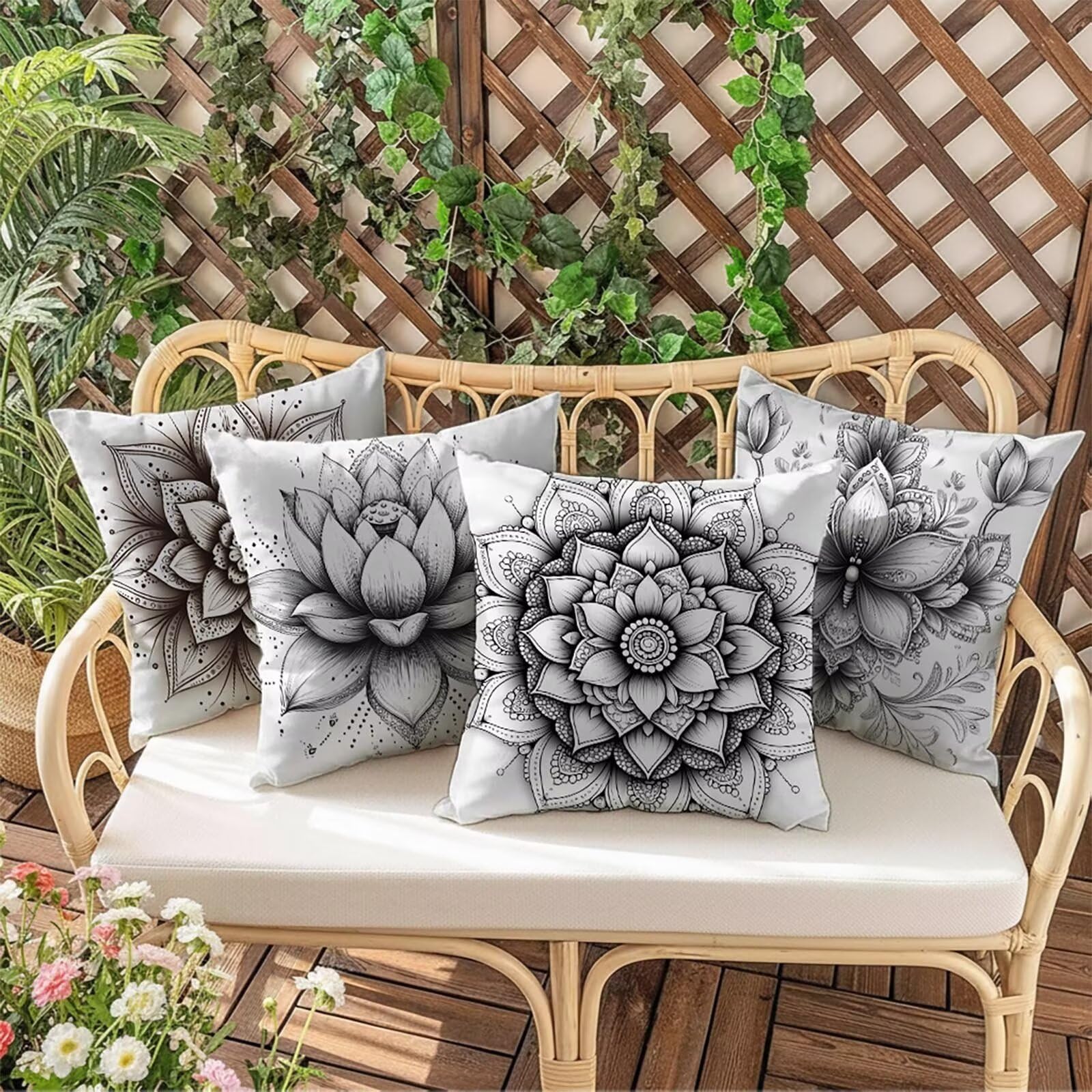 Kissenbezug 65 x 65 Outdoor Kissenbezug 65 x 65 CM Doppelseitiger Druck Schwarz und Weiß Deko Sofakissen Bezug Mandala Kopfkissen Bezug für Frühling Sofa Bett Deko, Geschenke für Frauen (Samt) BZ16185