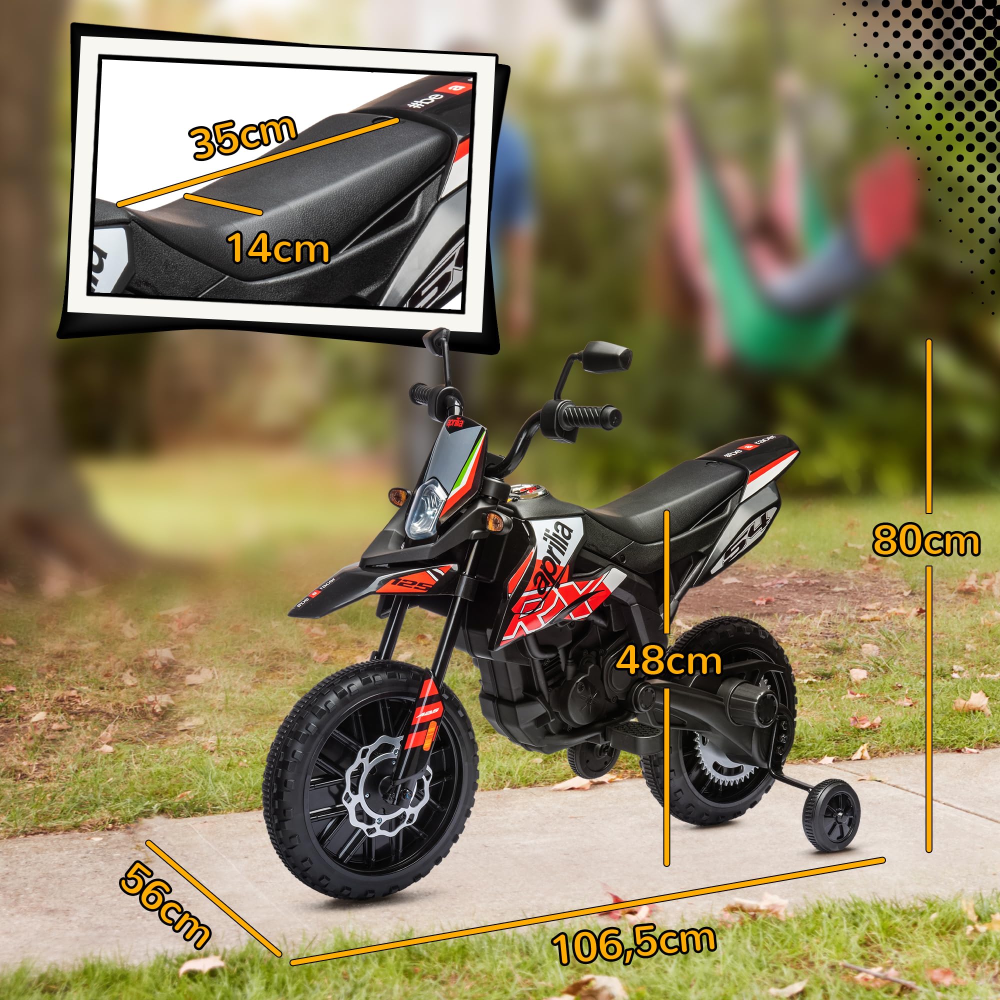 AIYAPLAY Moto électrique Enfants Moto Cross pour Enfant sous Licence Aprilia avec 2 Moteurs 12V, Vitesse Max. 6 km/h, Roues d'entraînement, Suspension à Ressort, lumière LED, Musique, USB - Rouge