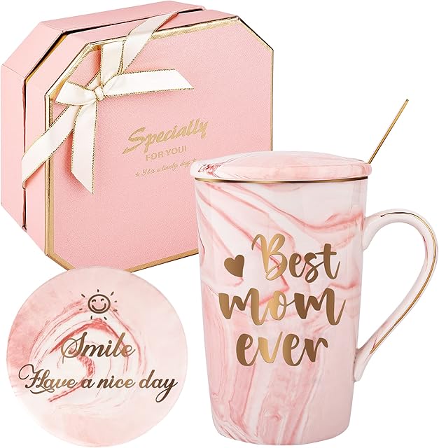 Best Mom Ever Mug,Birthday Gifts for Mum, Mama, Mom Funny Pink Gifts Set Coffee Mugs for Mother, Mothers Day Gifts,Ceramic Marble Coffee Mug Tea Cup with Lid, Gold Spoon and Gift Box 14oz Pink