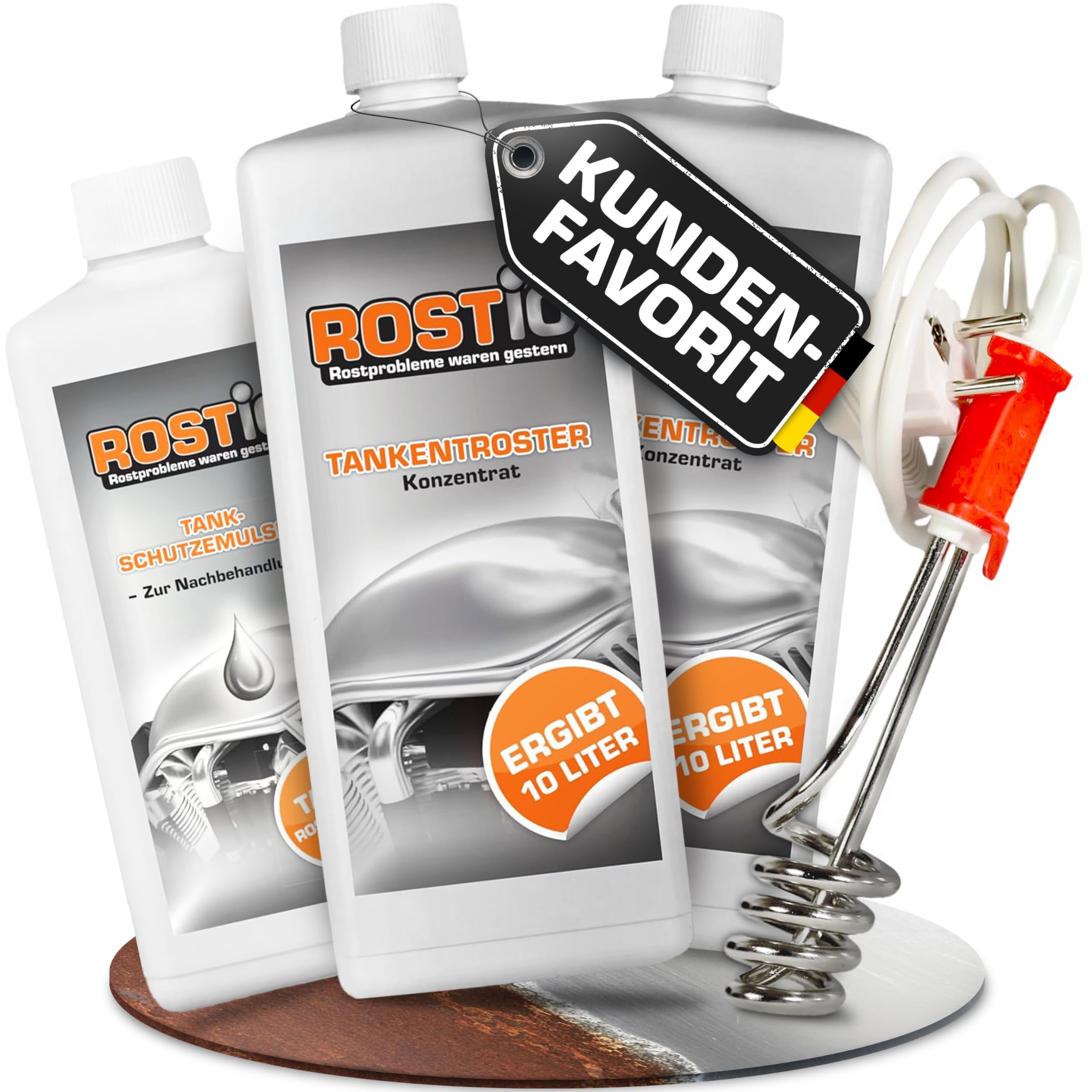 Rostio Tankentroster-Set 2L – inkl. Tank-Schutzemulsion 500 ml + Tauchsieder – hochergiebig (1:10) – für Tanks bis 20L – Rostentferner & Korrosionsschutz – Tanksanierungs-Set