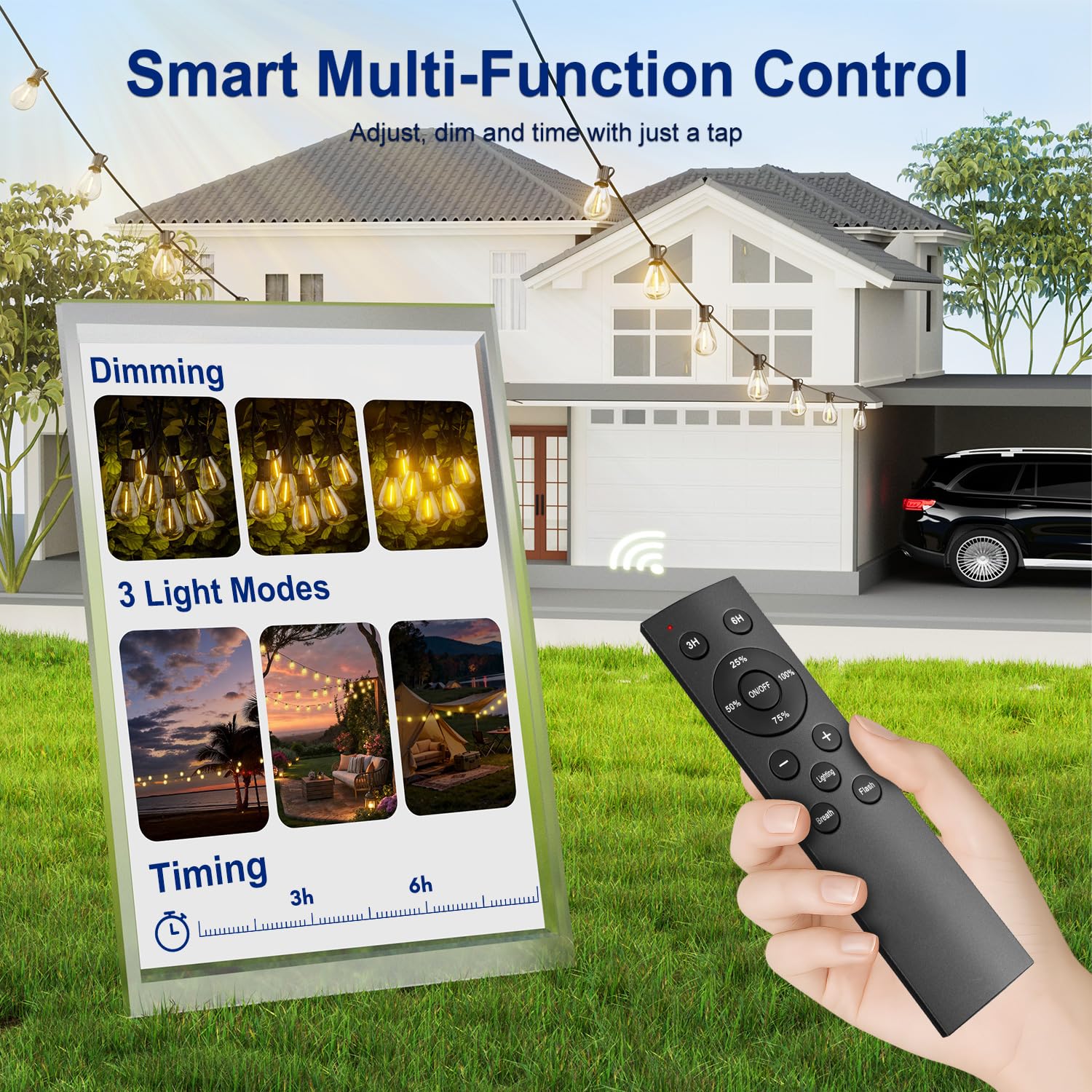 Outdoor String Lights 50FT with 18+1 Shatterproof LED Bulbs, Remote Control Dimmable Patio Lights, Waterproof Hanging Edison Light for Backyard Garden Pergola, Timer & 3 Modes - 3