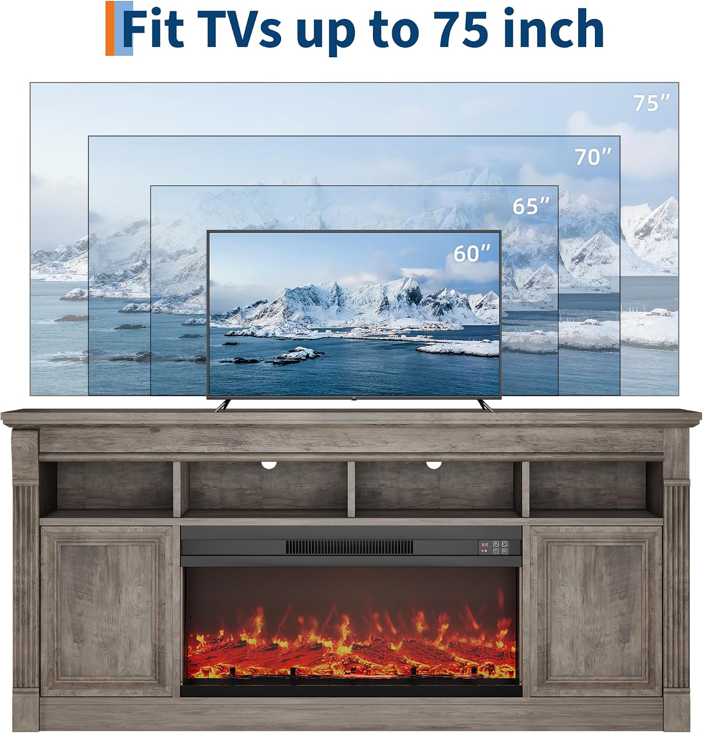68" Farmhouse Electric Fireplace TV Stand for TV Up to 75", Entertainment Center with 36'' Fireplace, Console Table TV Cabinet with Open Storage Shelves for Living Room
