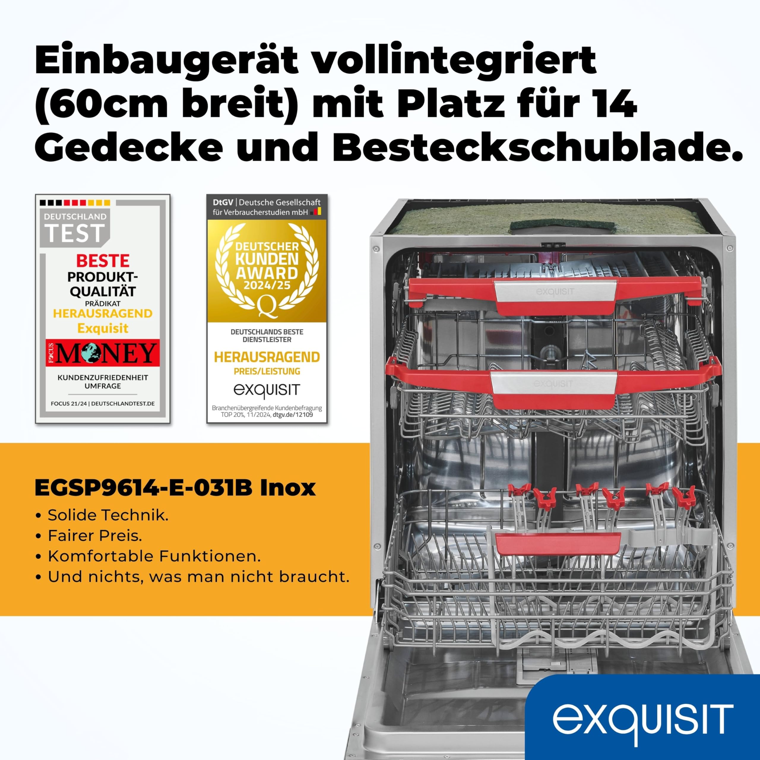 Exquisit Einbaugeschirrspüler 60cm Vollintegriert - 14 Maßgedecke & Inox | Besteckschublade, LED-Bodenlicht, Aquastop, 8 Spülprogramme, Automatischer Türöffner EGSP9614-E-031B, 24h Startzeitvorwahl