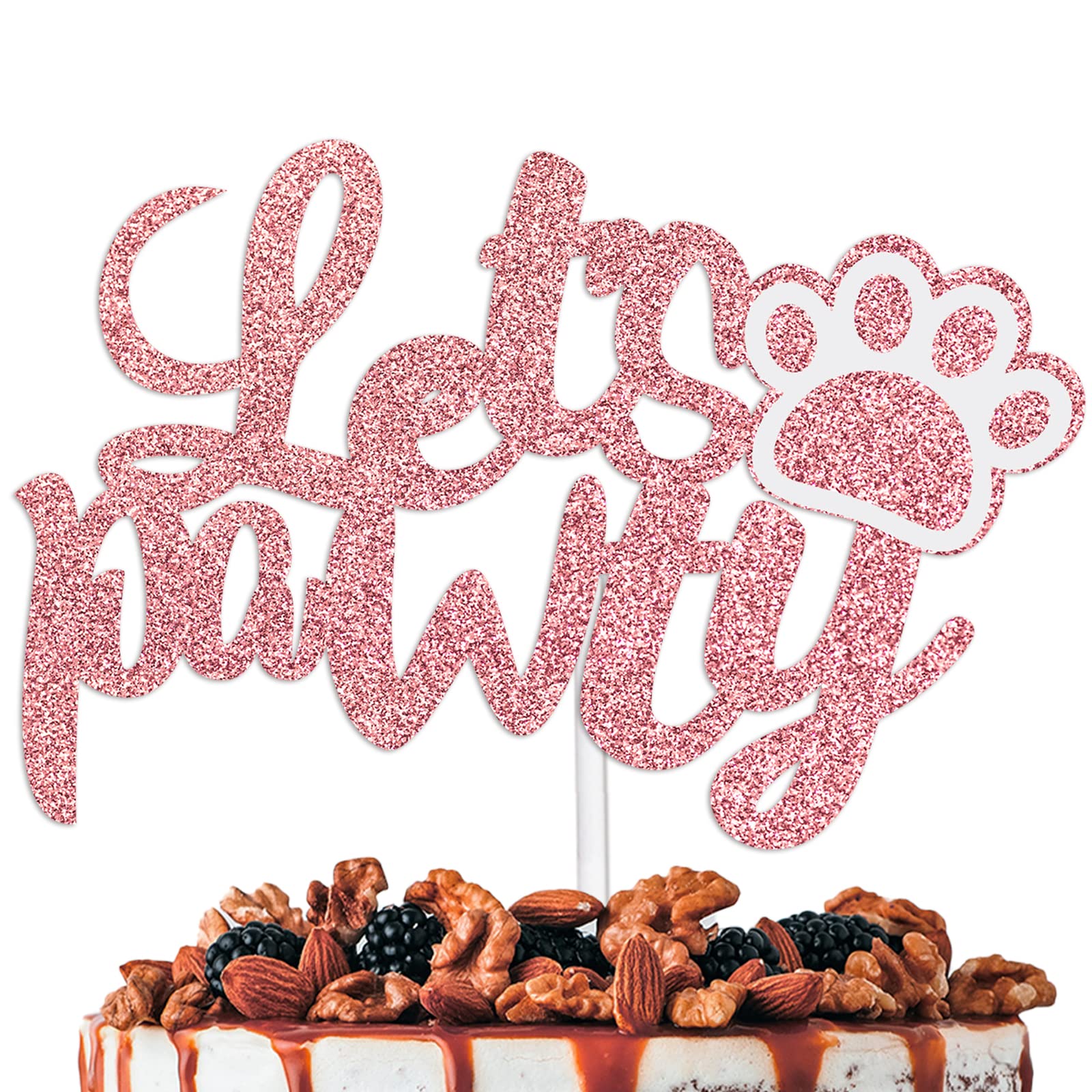 Let's Pawty Cake Topper Decorations with Dog for Pet Puppy Birthday Theme Anniversary Dog Party Decor Supplies Pink