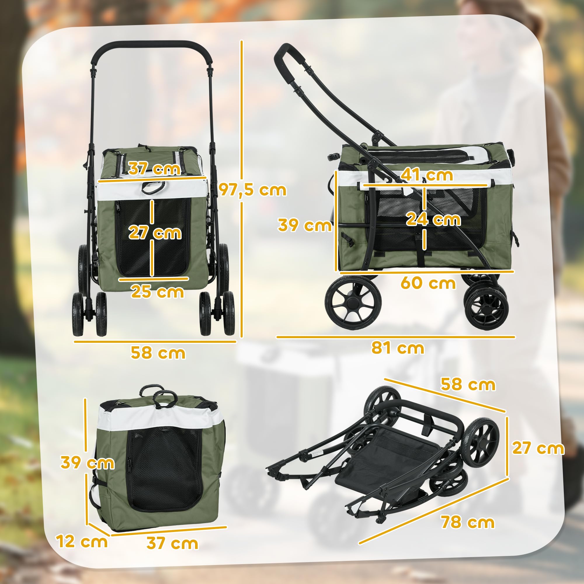 PawHut Carrito plegable para perros y gatos de hasta 10 kg, con cojín, ventanas de red, puertas, cesta de almacenamiento, color verde oscuro