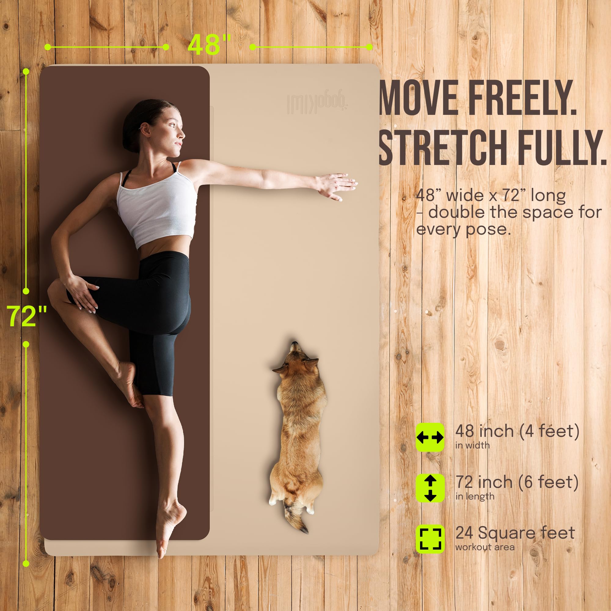Gogokiwi Tappetino da yoga extra largo per uomini e donne (182 cm di lunghezza x 91 cm di larghezza x 0,6 cm di spessore) antiscivolo, con segni di allineamento, per yoga, pilates, allenamento
