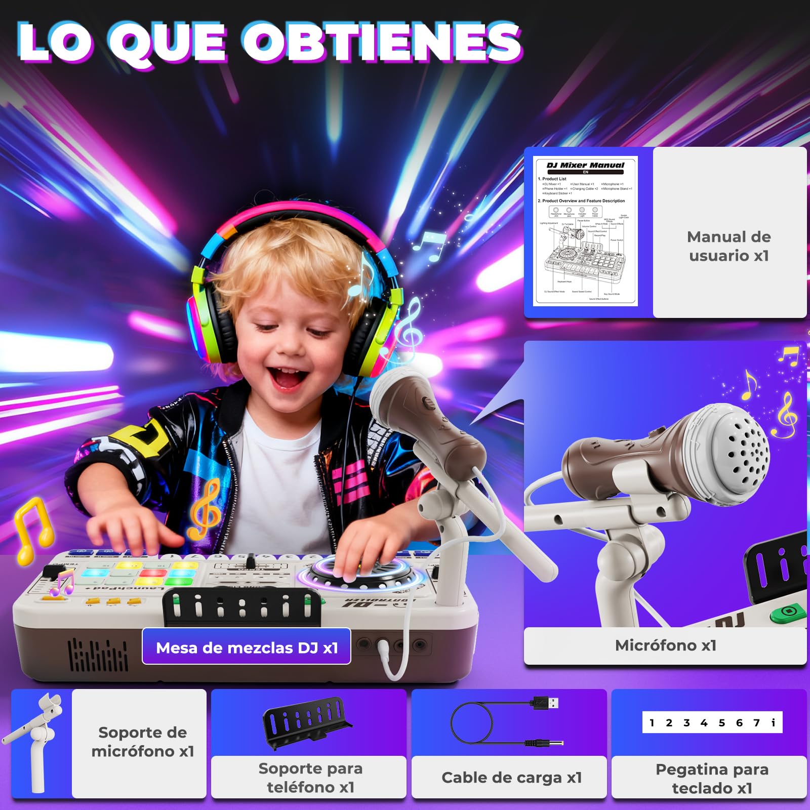 Mesa de mezclas DJ para niños de 3 a 12 años con micrófono DJ Mixer, controlador de mezclas DJ con 100+ efectos de sonido, juguete musical con recargable, regalo ideal para niñas y niños principiantes