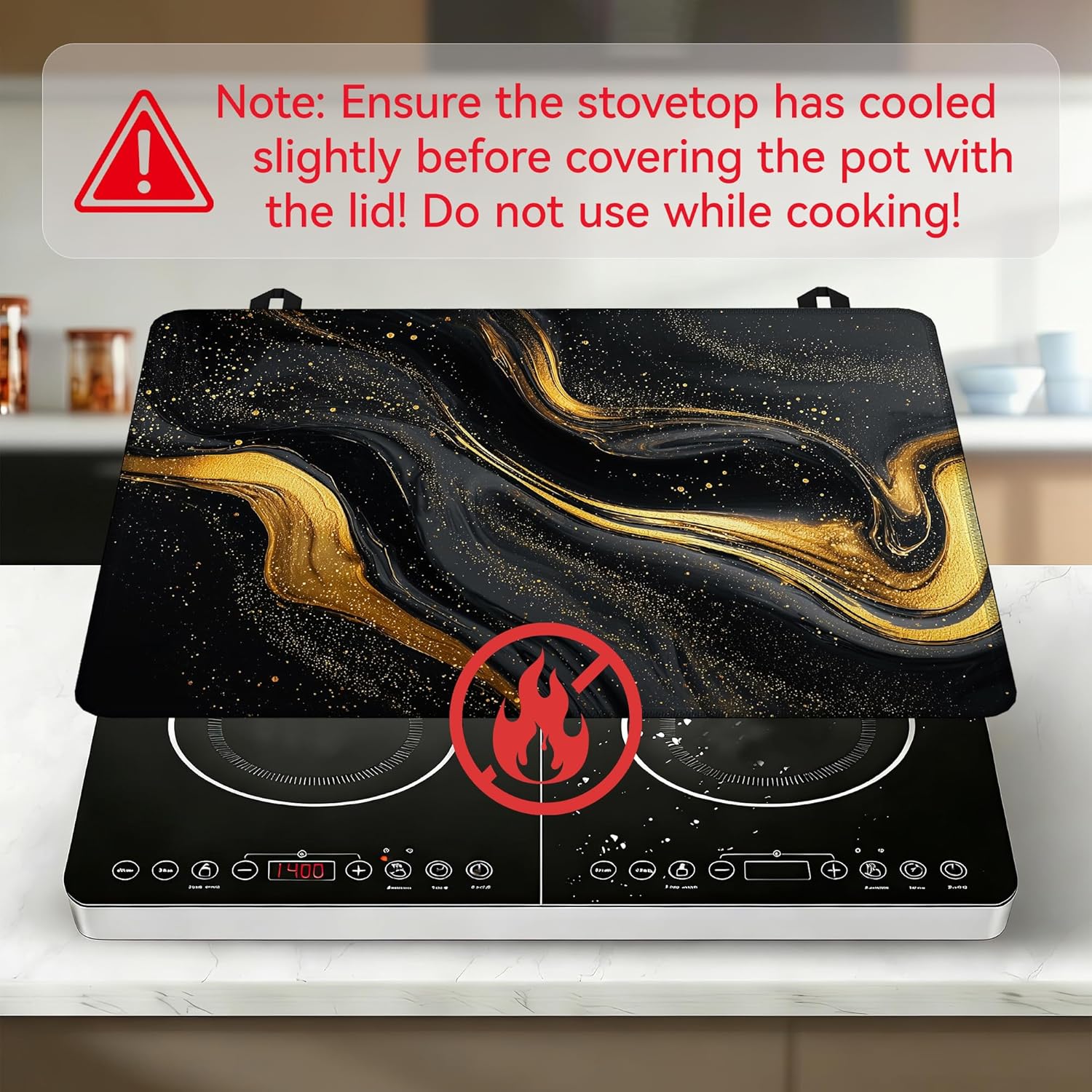 Black Gold Marble Stove Top Covers for Electric Stove, 28"x20" Heat Resistant Glass Cooktop Cover, Vintage Kitchen Decor for Countertop, Washer Dryer Top