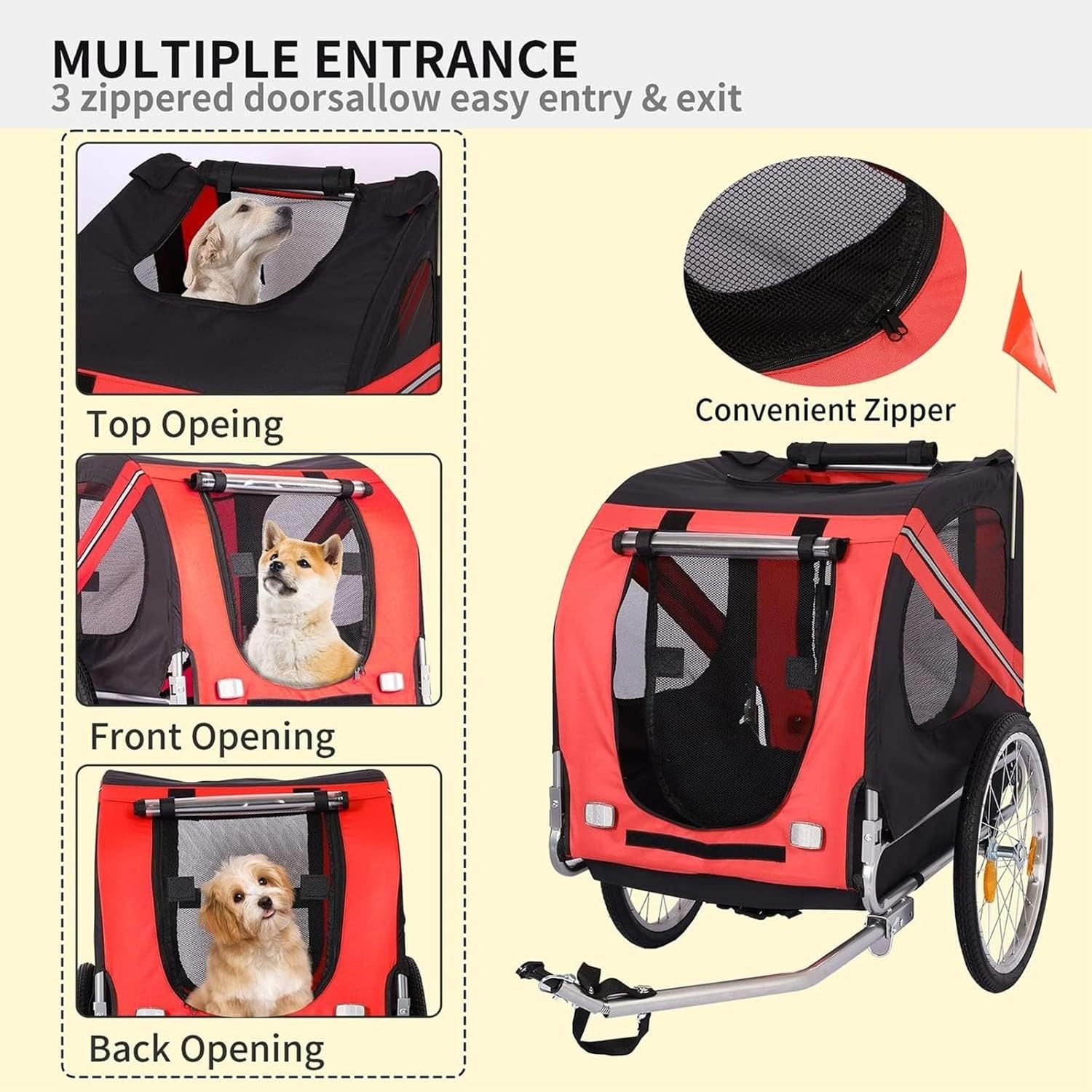 Dog Bike Trailer, Pet Cart Bicycle Wagon Cargo Carrier Attachment for Travel for Off-Road & Mesh Screen, Safety Flag