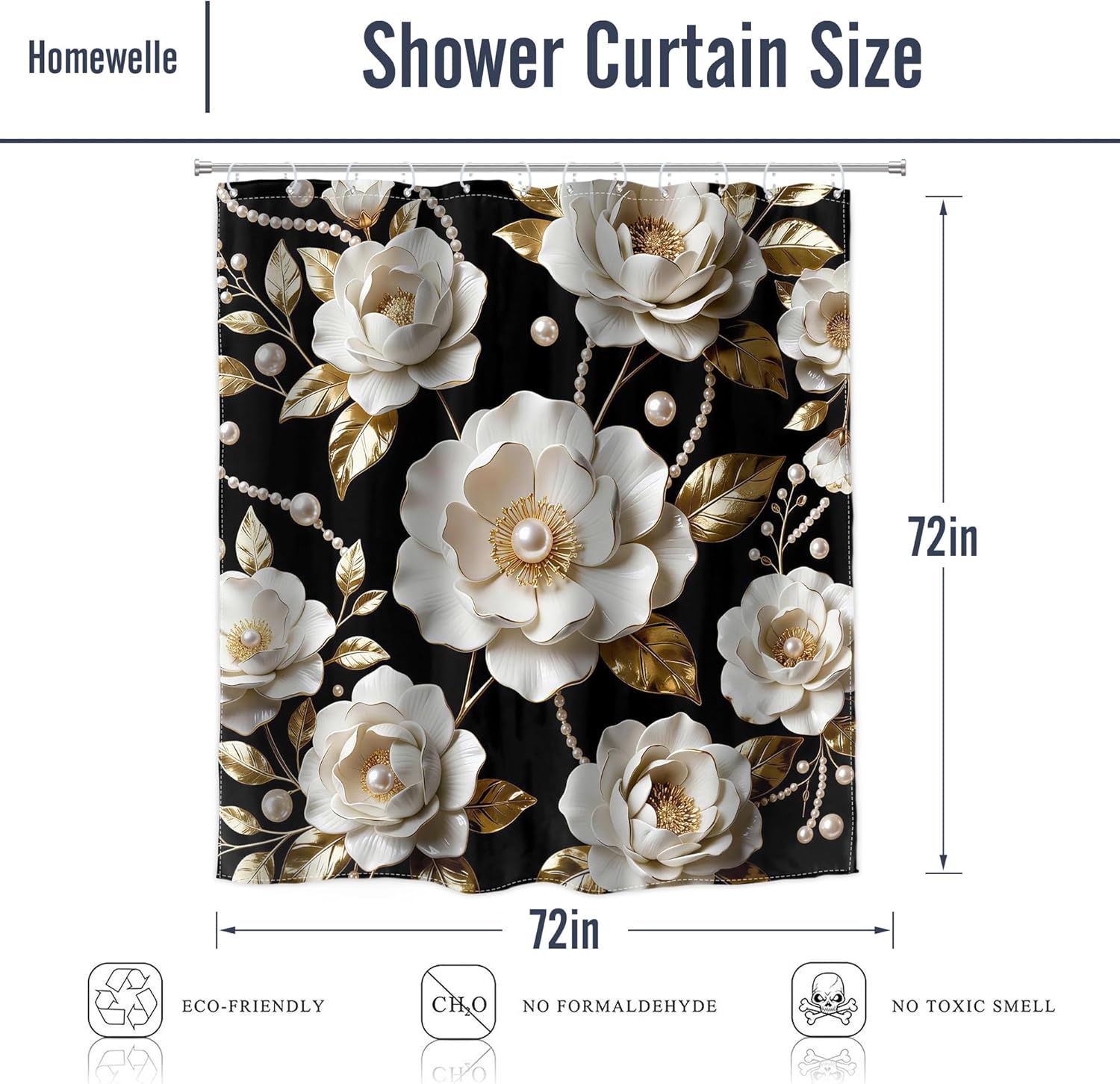 Homewelle Black Gold 3D Flower Shower Curtain Girly Luxury Floral Golden Leaves Plants Pearl Minimalist Elegant Modern Aesthetic 72Wx72H Inch Women Waterproof Polyester Fabric Bathroom Bathtub