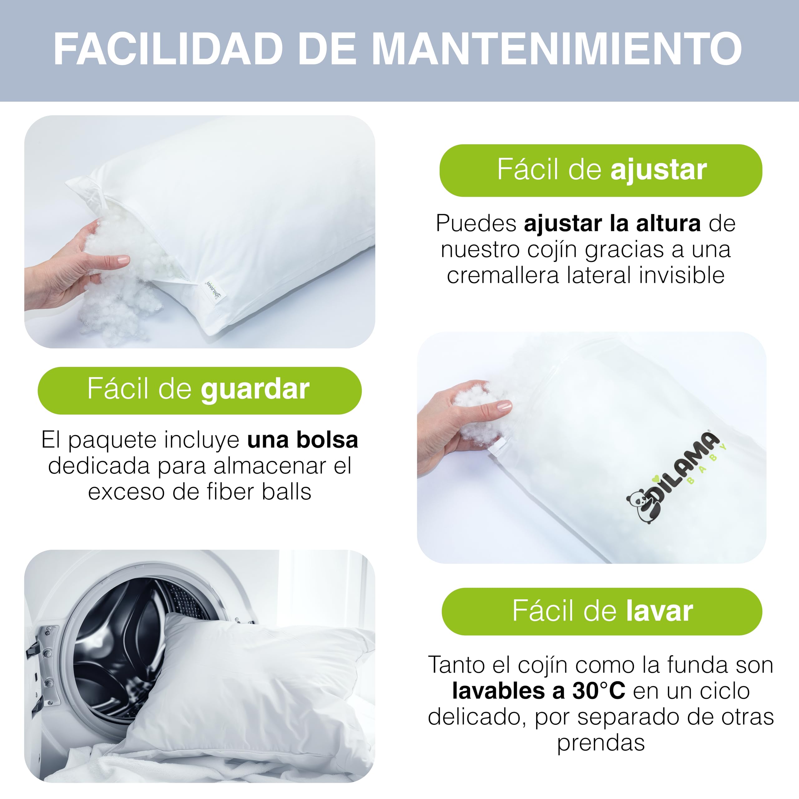 Dilamababy Almohada Infantil Ajustable 2-3 Años - Algodón Percal Hipoalergénico - para Cunas 60x120 cm - Almohada Cuna Bebé - Blanco 100% Algodón