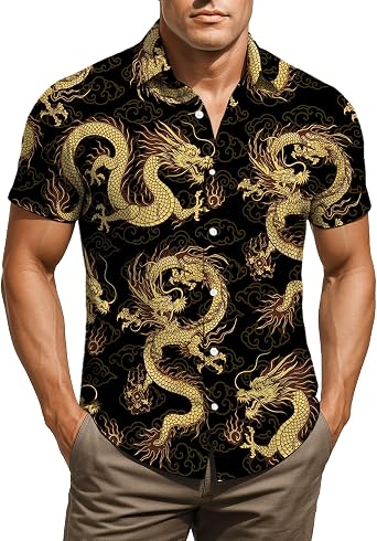 Mens Dragon Shirt Button Down Beach Casual Bowling Shirts