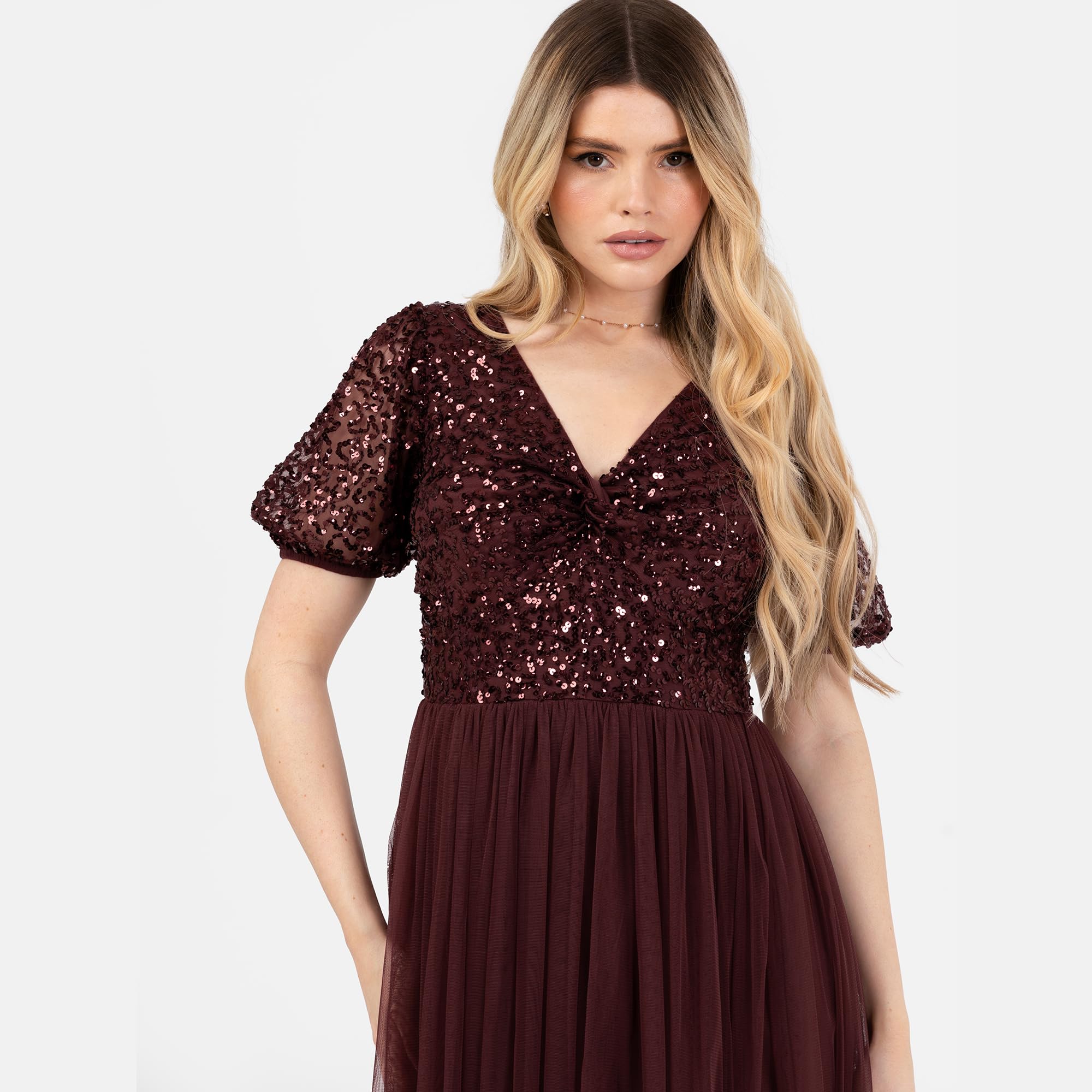 Maya Deluxe Women's Maxi Dress Ladies V-Neck Short Puff Sleeve Sequin Embellished Twist Front Tulle A-Line Bridesmaid Prom Ball Gown NAN Donna