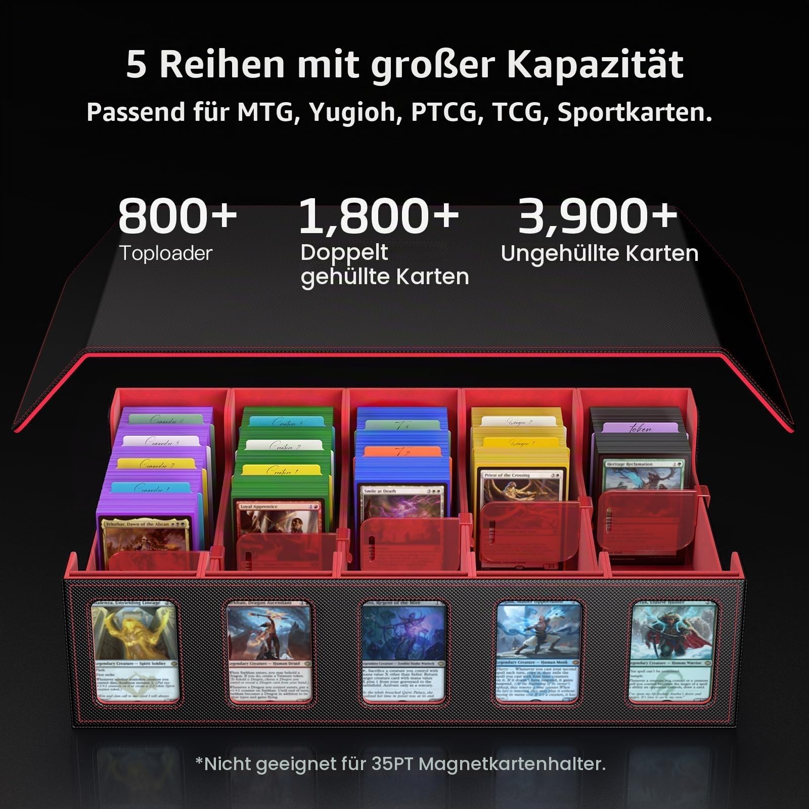 Trading Card Storage Box mit Commander Display, 3900+ Karten Commander Deck Case hält mit abnehmbarem Deckel, 5-Reihe MTG Organizer für TCG PTCG Sports Card,5 Toploader,50 Teiler (Rot)